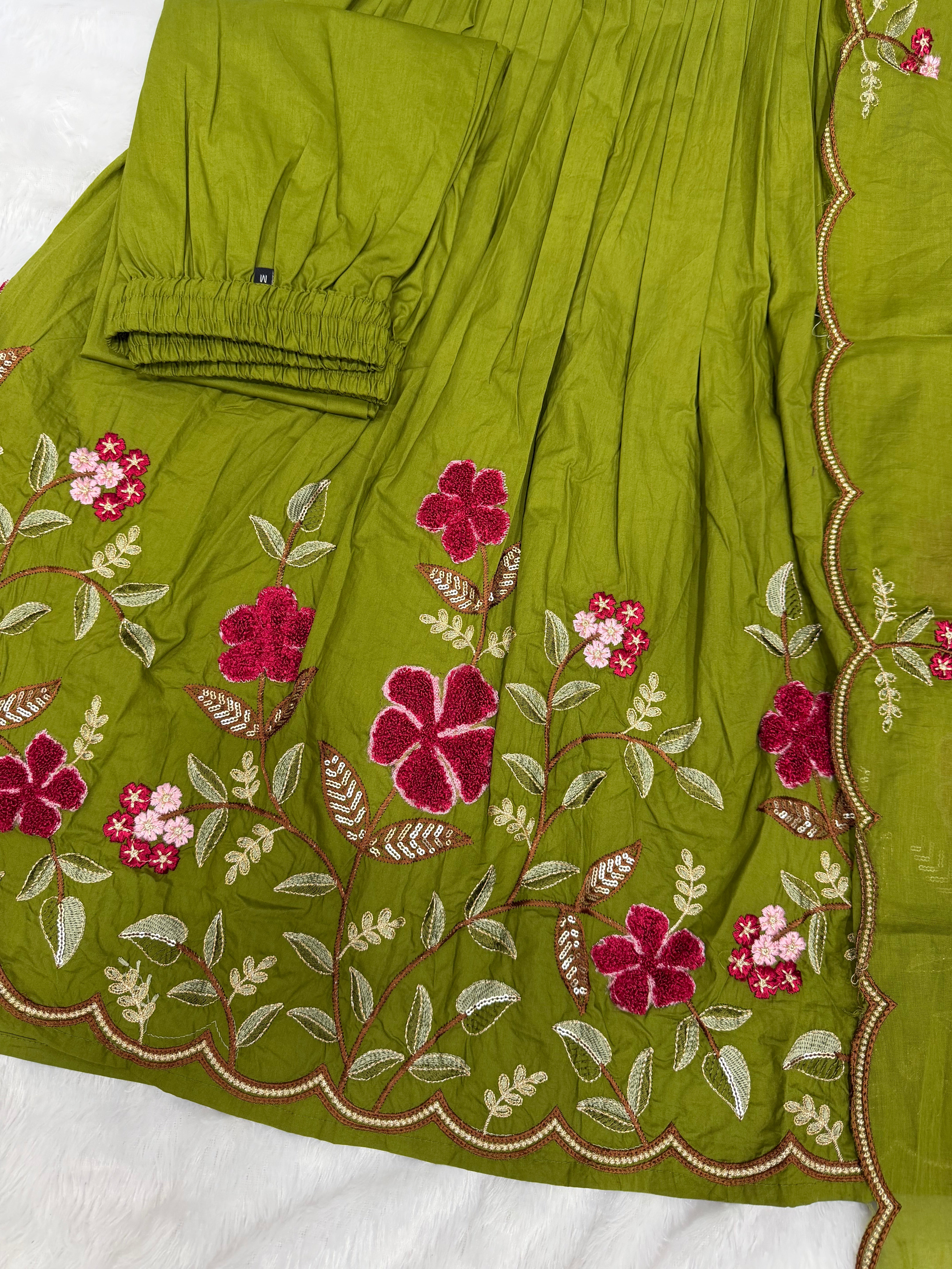 Olive Green Pure Cotton Embroidered Anarkali Kurti Set with Dupatta & Culottes Pant