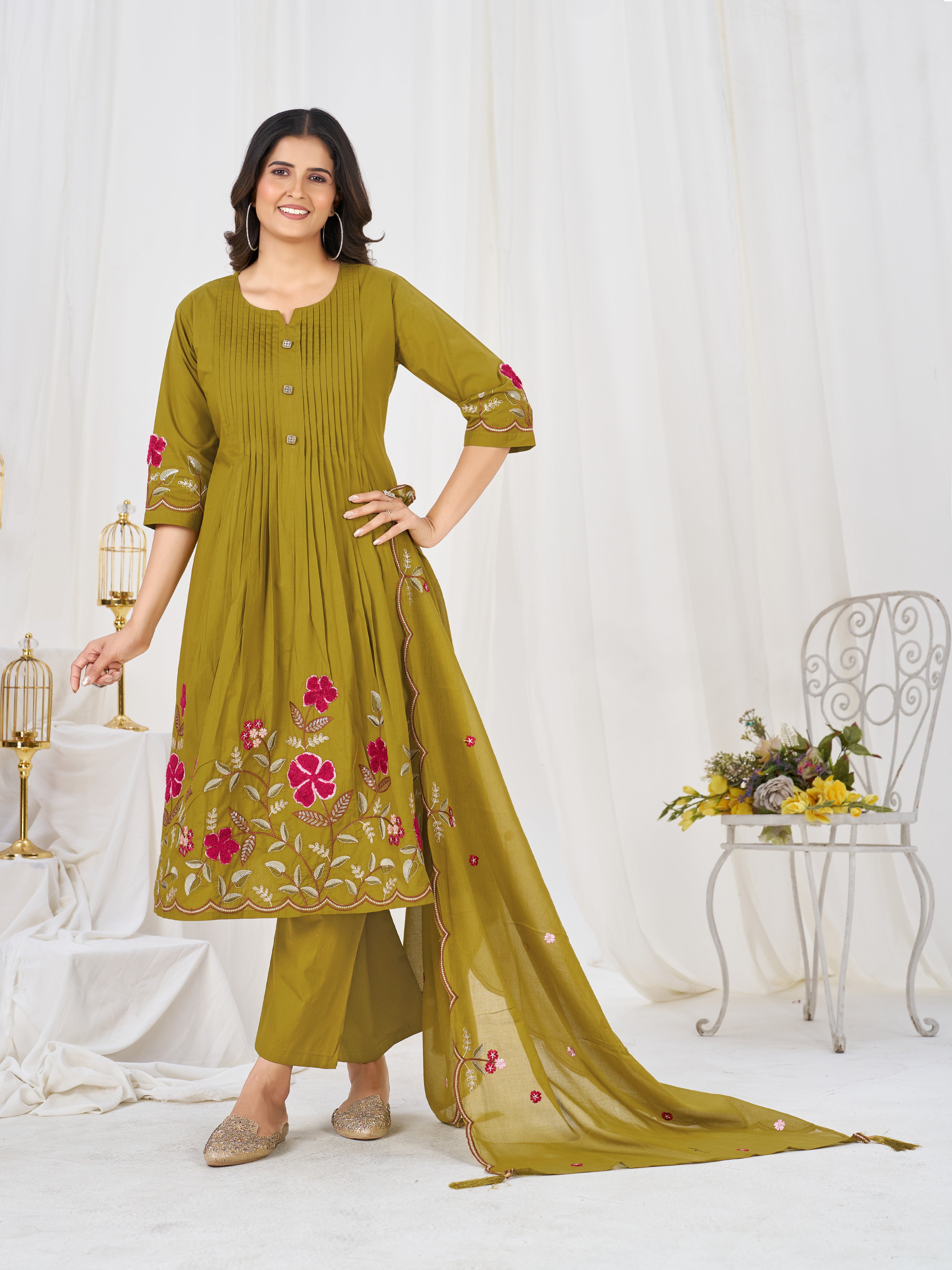 Mehendi Green Pure Cotton Embroidered Anarkali Kurti Set with Dupatta & Palazzo Pant