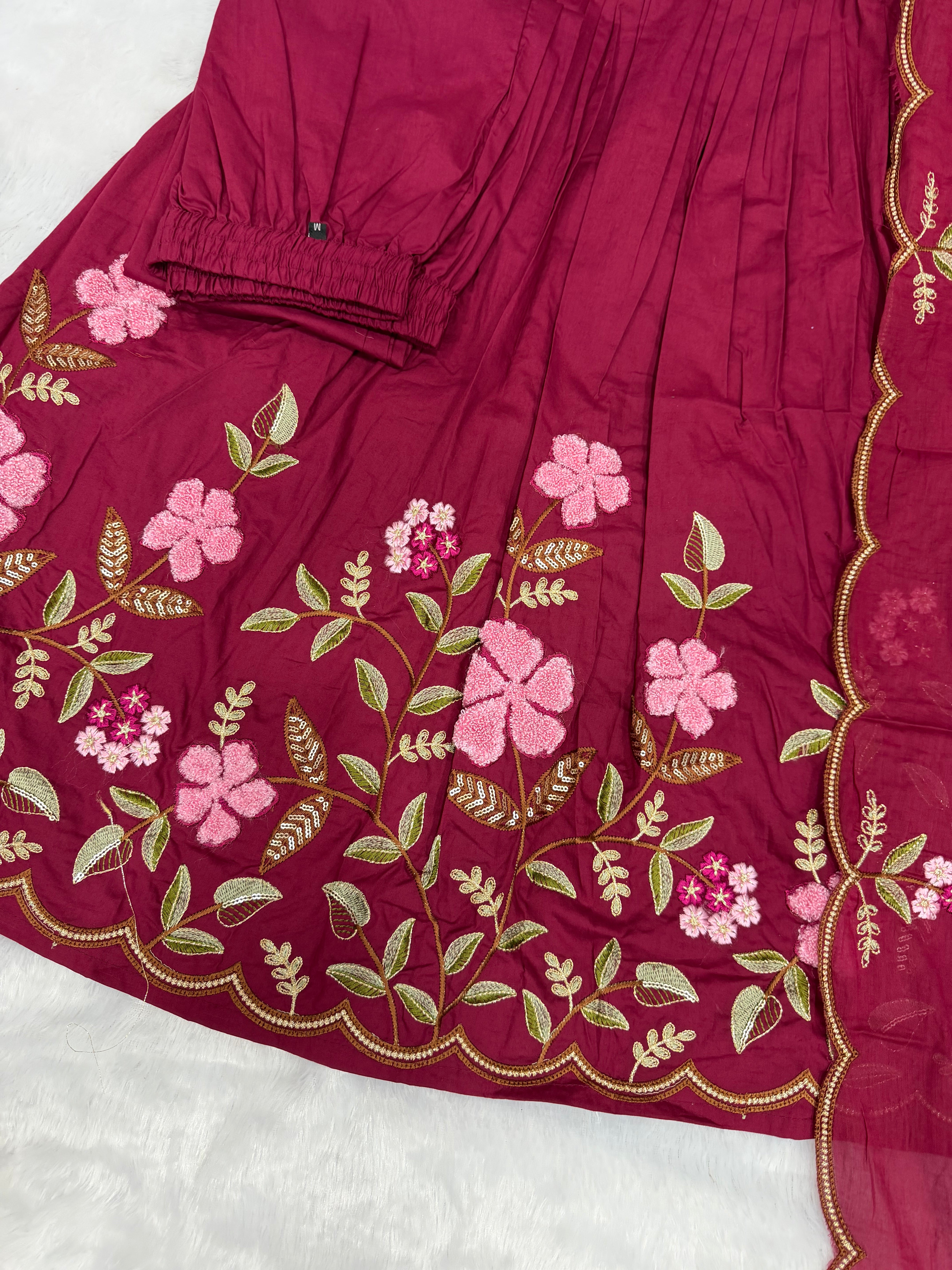 Pink Pure Cotton Floral Embroidered Anarkali Kurti Set with Dupatta