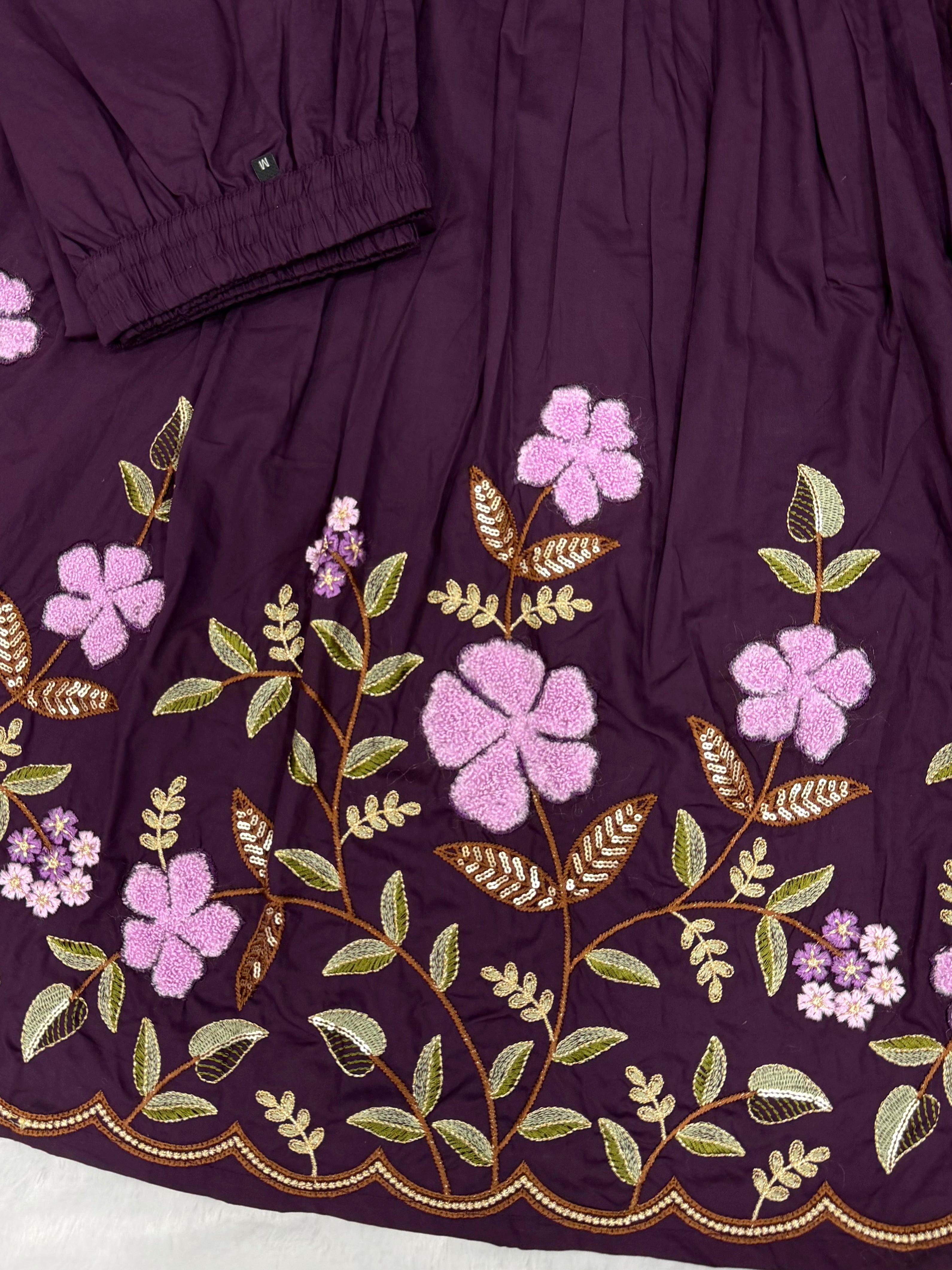 Purple Embroidered Pure Cotton Anarkali Kurti Pant & Dupatta Set