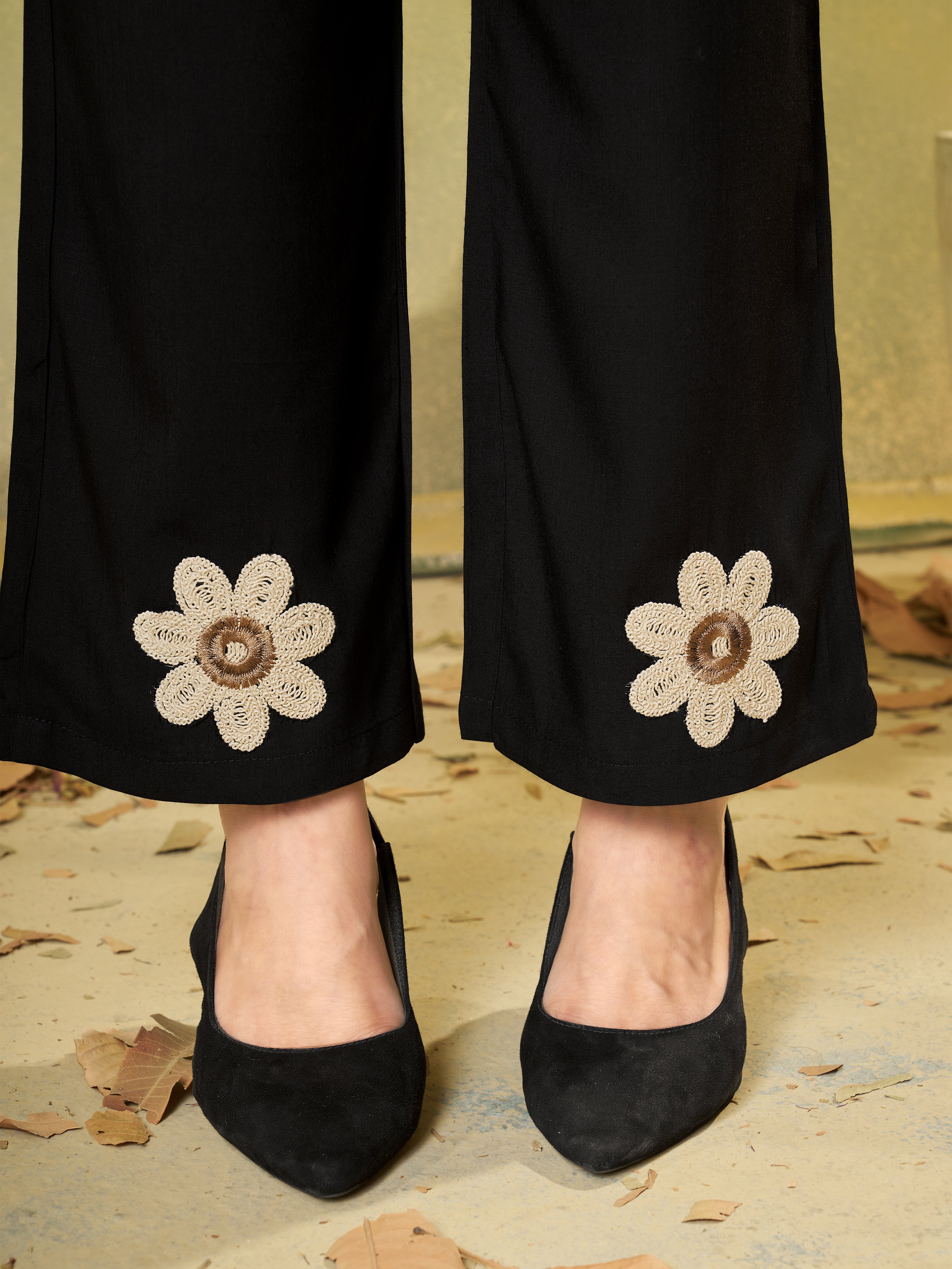 Black Floral Embroidered Heavy Rayon Co-Ord Set for Women