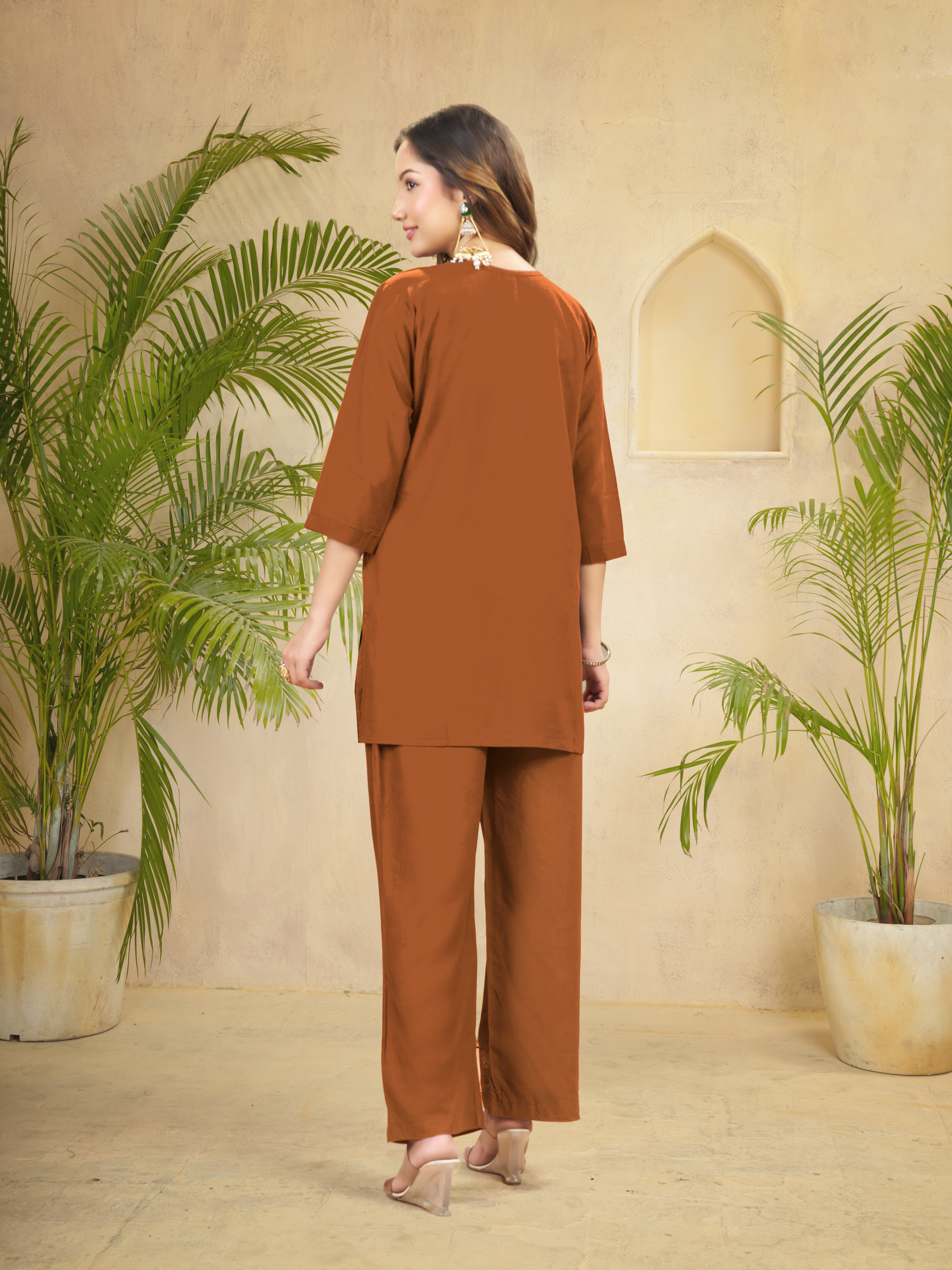 Rust Brown Heavy Rayon Floral Embroidered Co-Ord Set