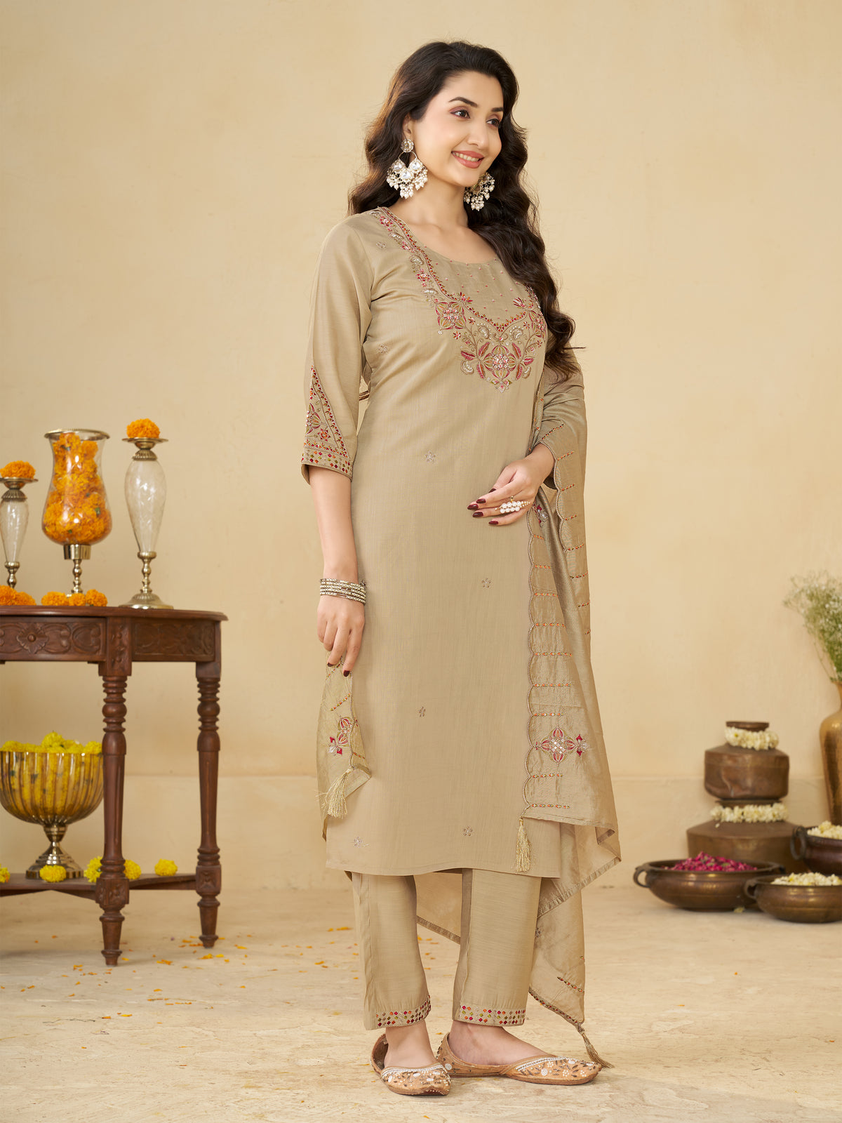 Beige Marina Silk Embroidered Kurti Pant Set with Maslin Dupatta