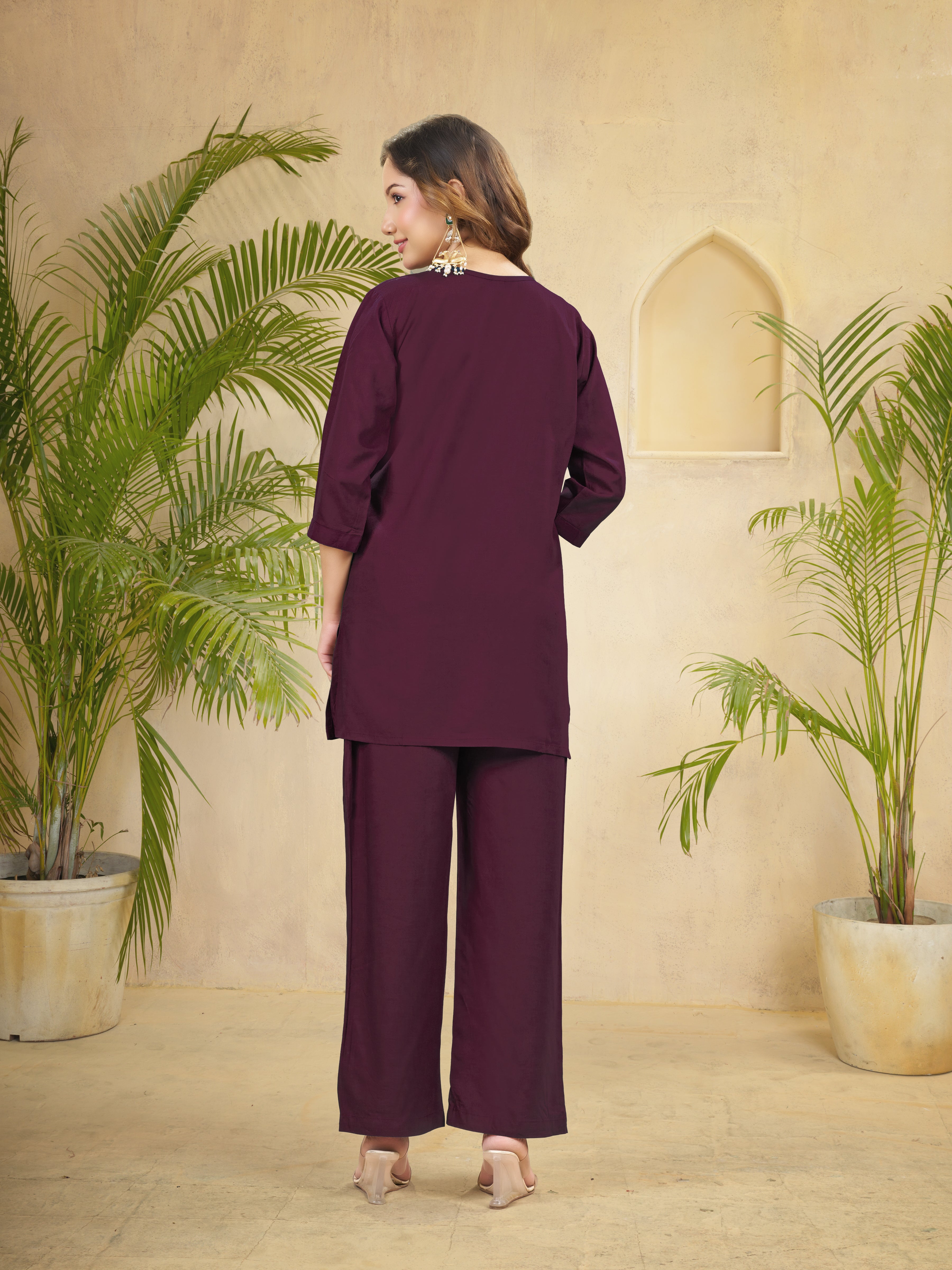 Wine Heavy Rayon Embroidered Co-Ord Set with Straight Pants