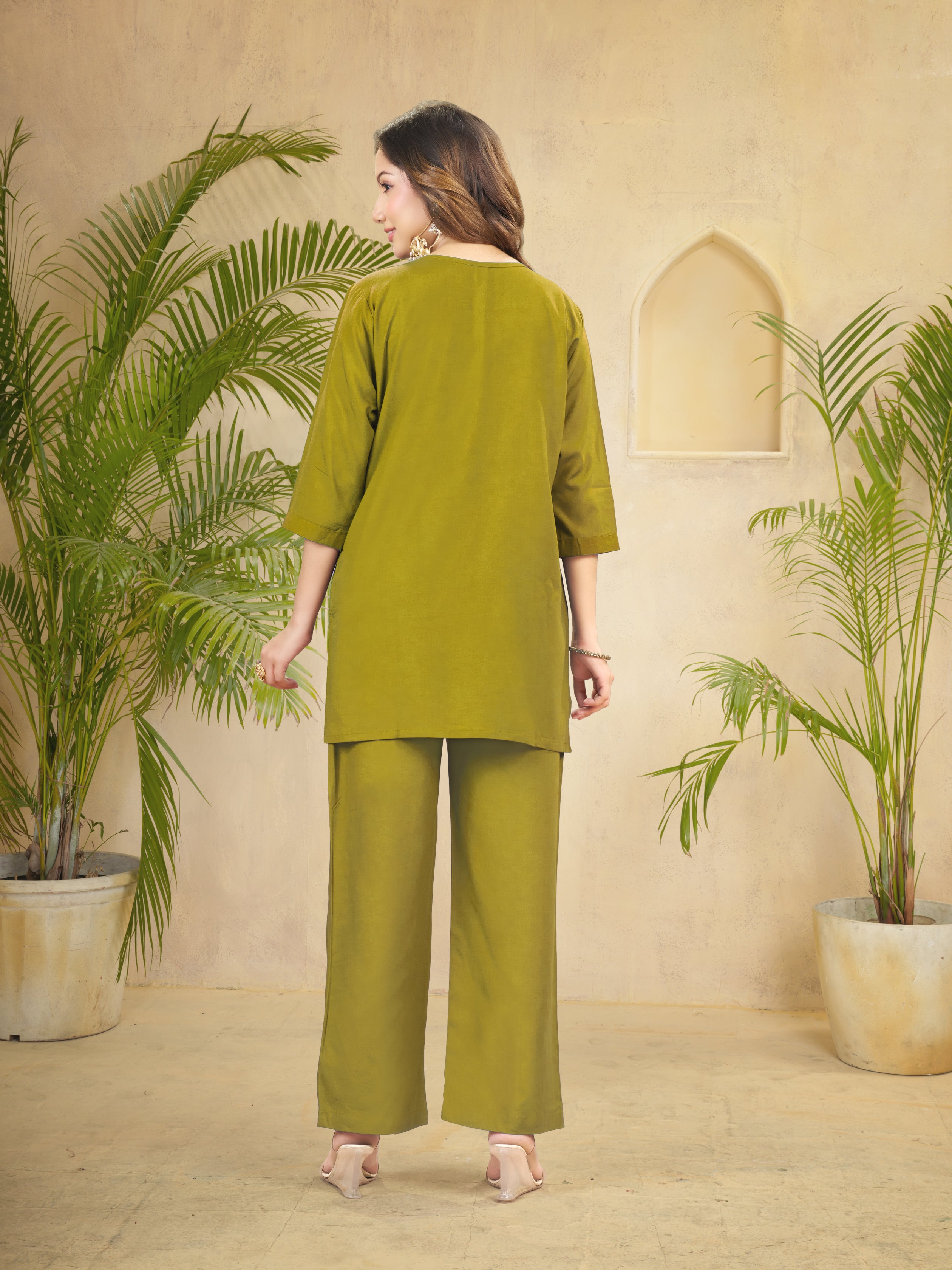 Olive Green Heavy Rayon Embroidered Co-Ord Set for Women