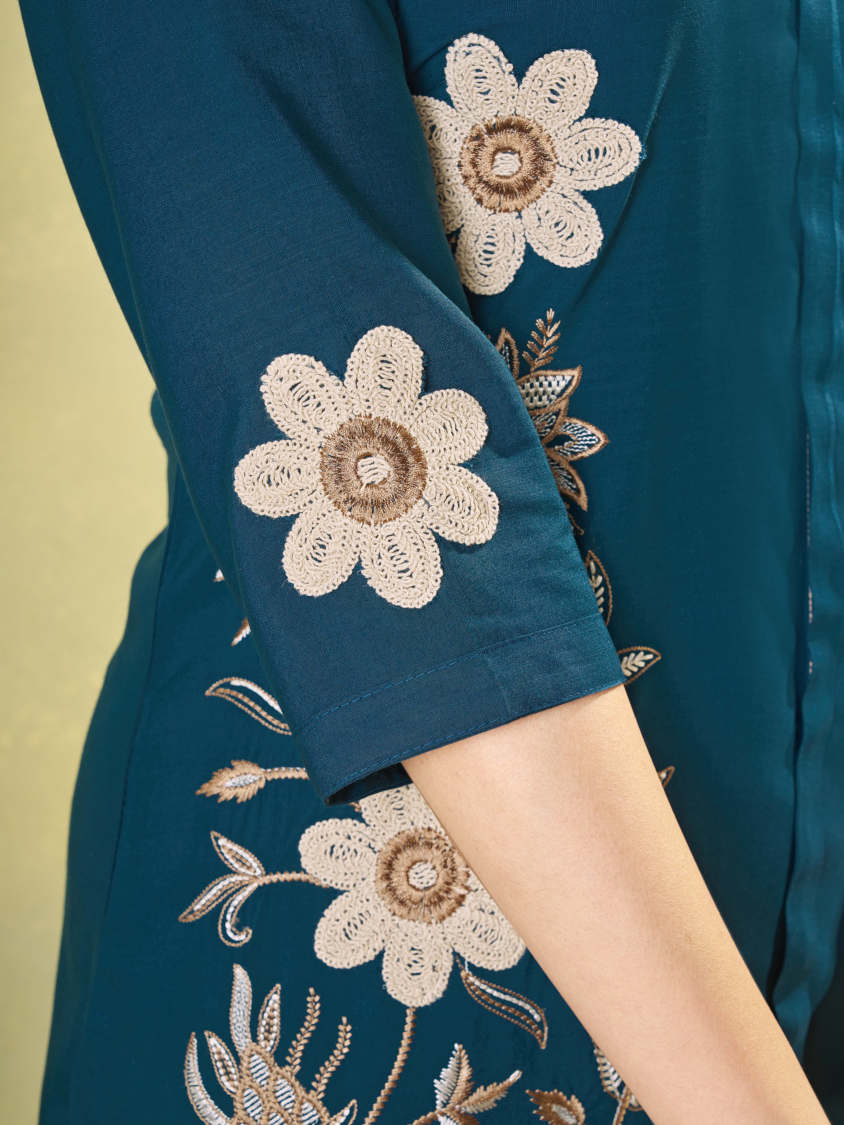 Dark Teal Floral Embroidered Rayon Co-Ord Set for Women