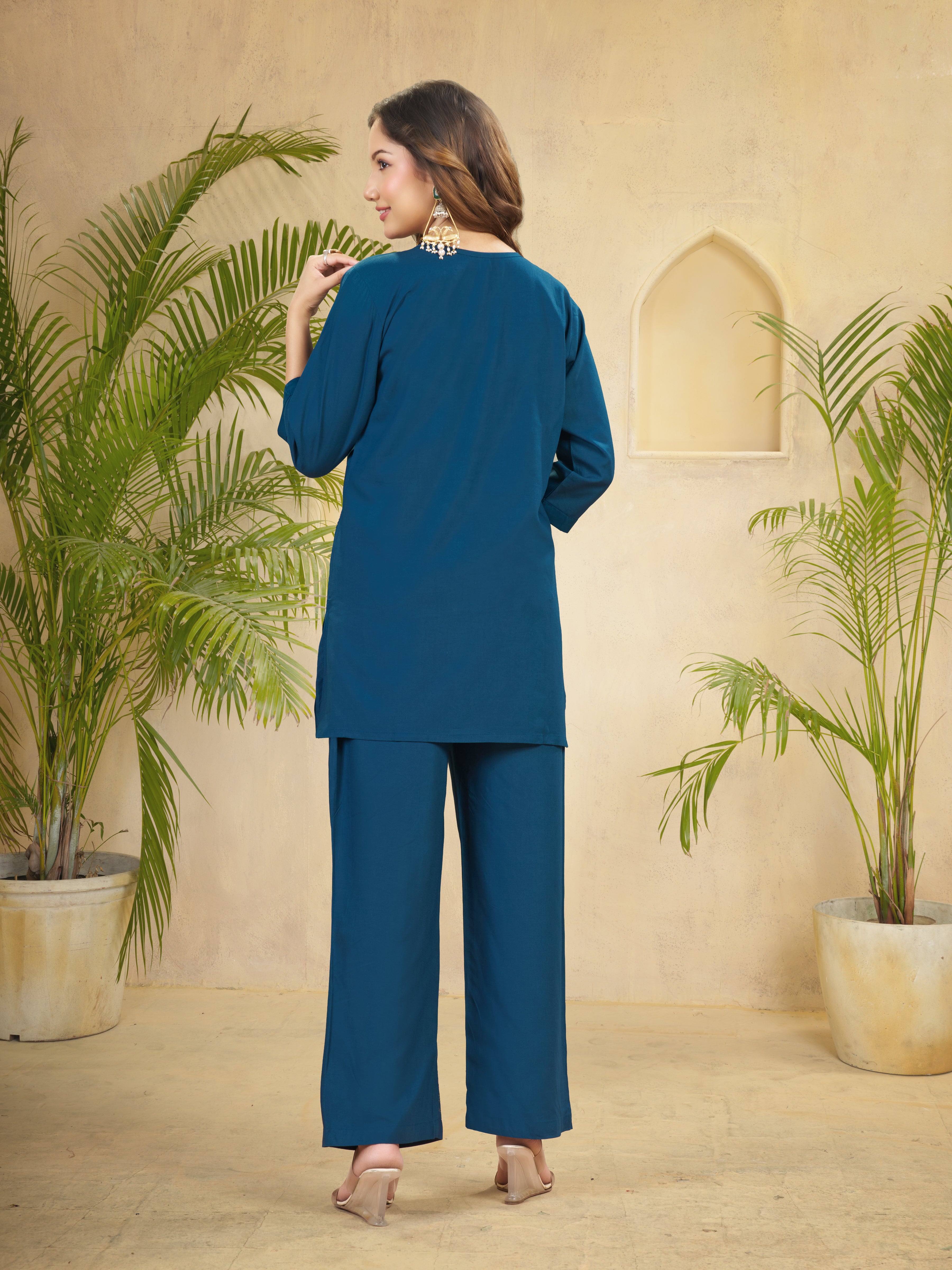 Teal Blue Heavy Rayon Floral Embroidered Co-Ord Set
