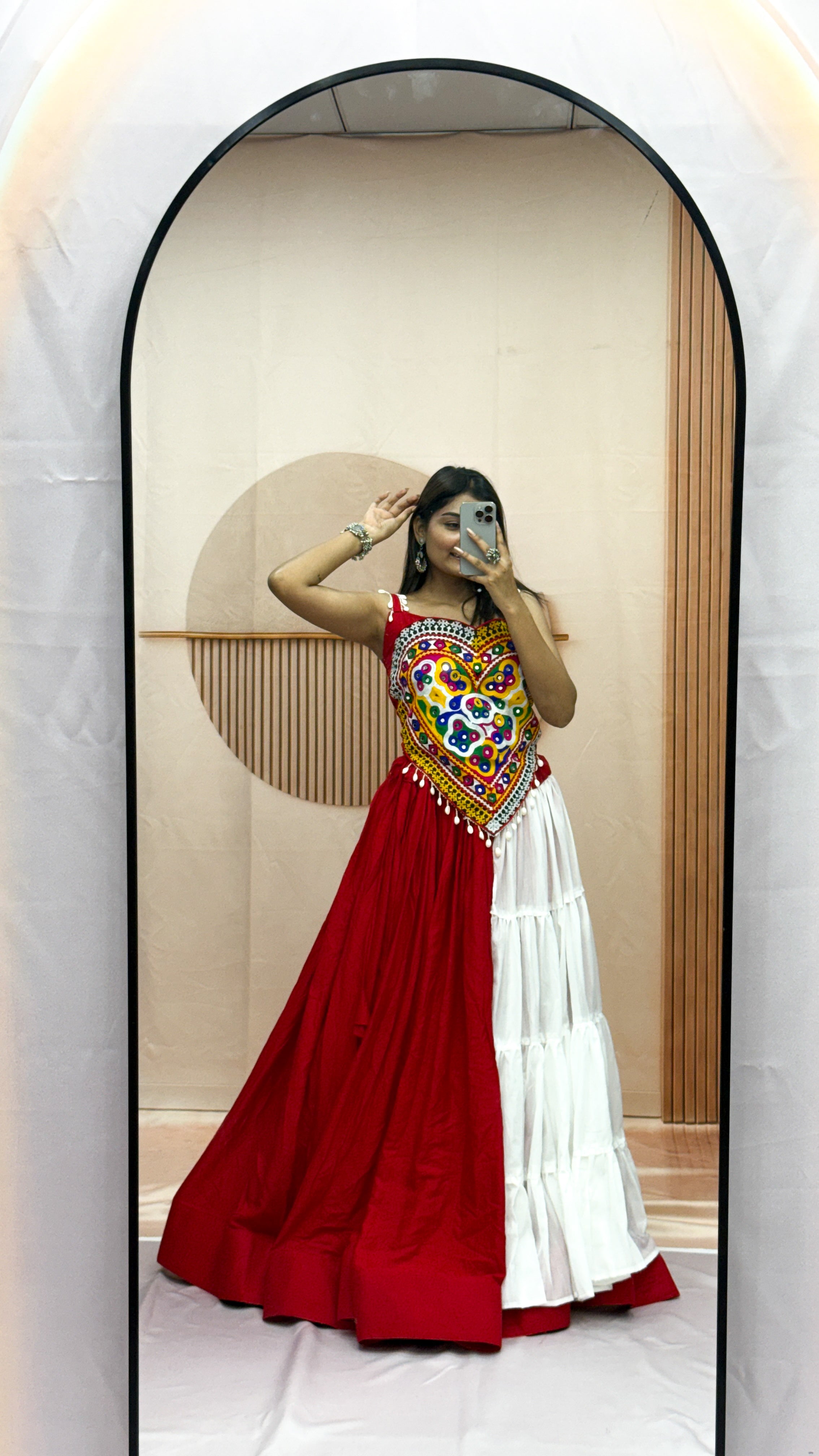 Red & White Gamthi Mirror Work Cotton Lehenga Choli Set for Navratri