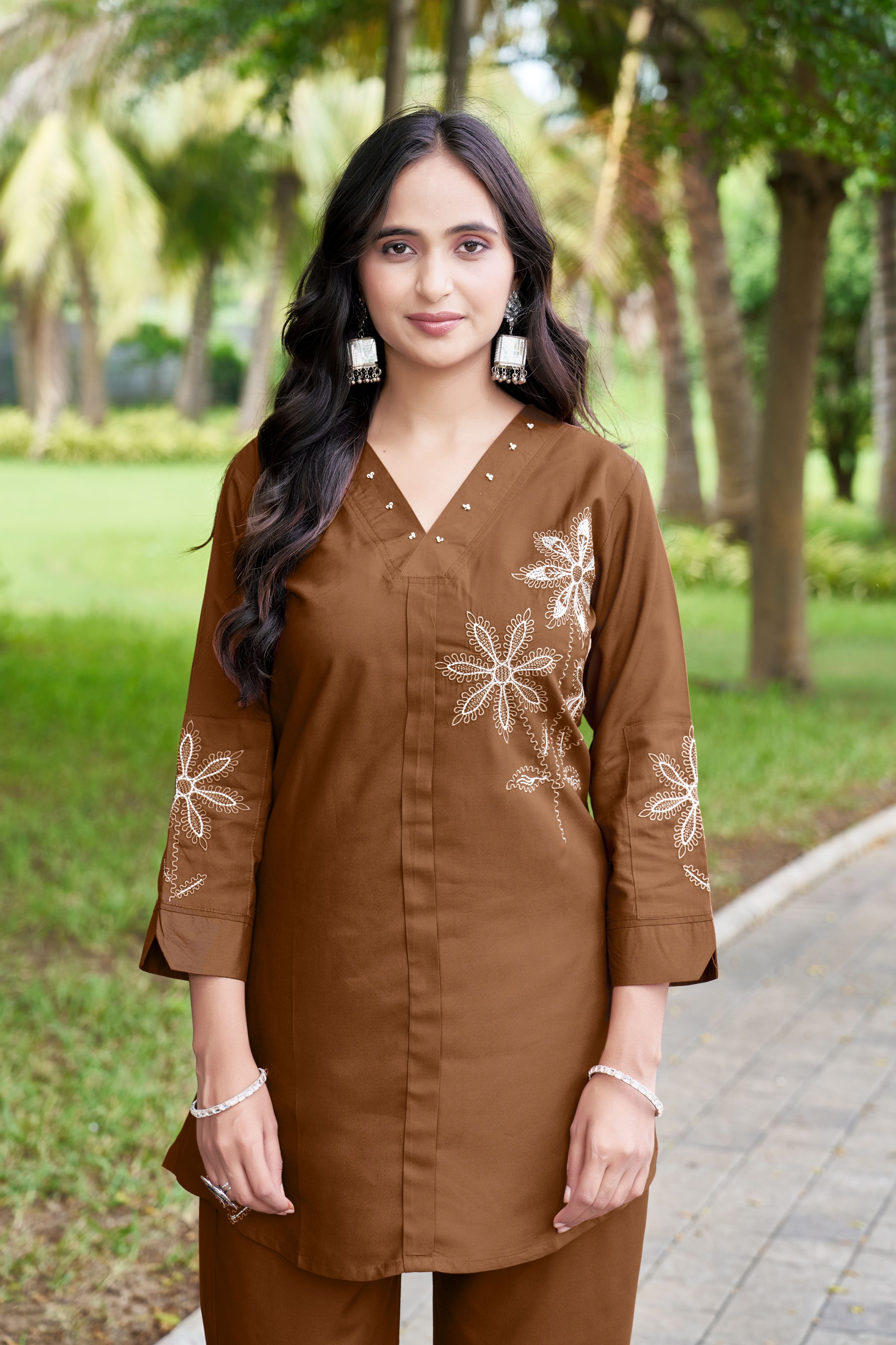Brown Embroidered Heavy Rayon Co-Ord Set for Women