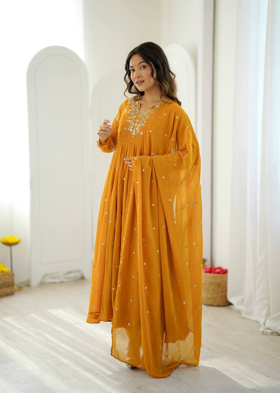 Mustard Yellow Faux Georgette Embroidered Gown with Pant & Dupatta Set