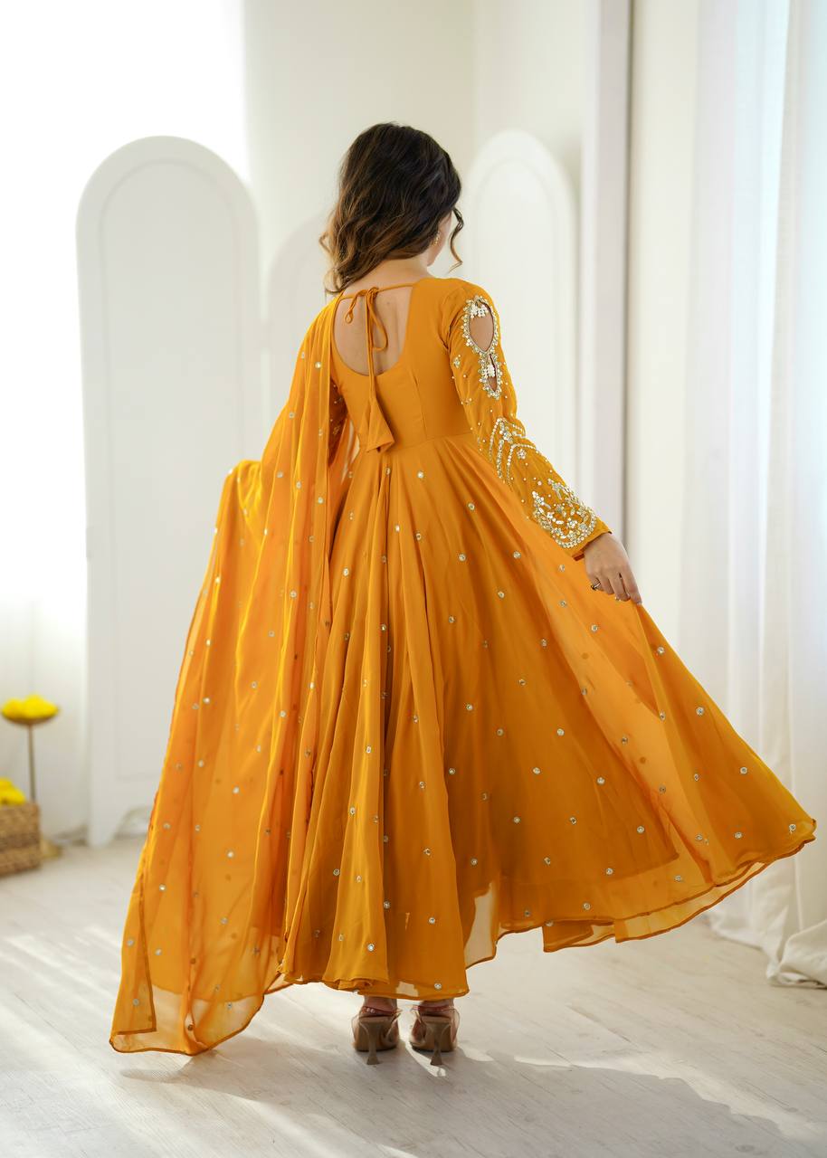 Mustard Yellow Faux Georgette Embroidered Gown with Pant & Dupatta Set