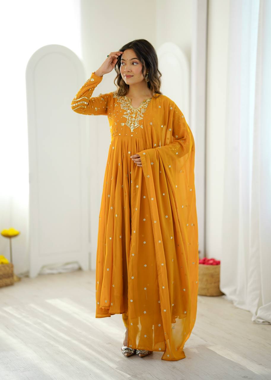 Mustard Yellow Faux Georgette Embroidered Gown with Pant & Dupatta Set