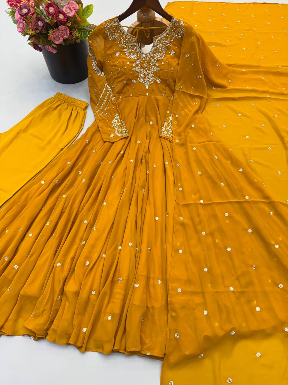 Mustard Yellow Faux Georgette Embroidered Gown with Pant & Dupatta Set