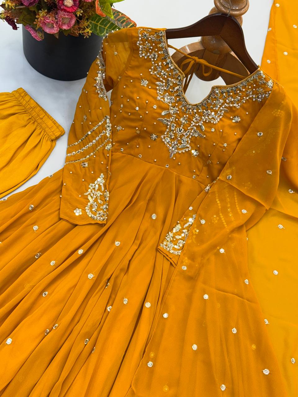 Mustard Yellow Faux Georgette Embroidered Gown with Pant & Dupatta Set