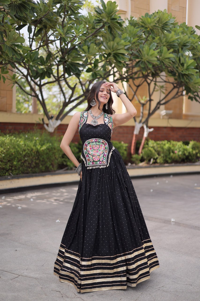 Black Rayon Lehenga Choli with Mukesh & Gamthi Mirror Work