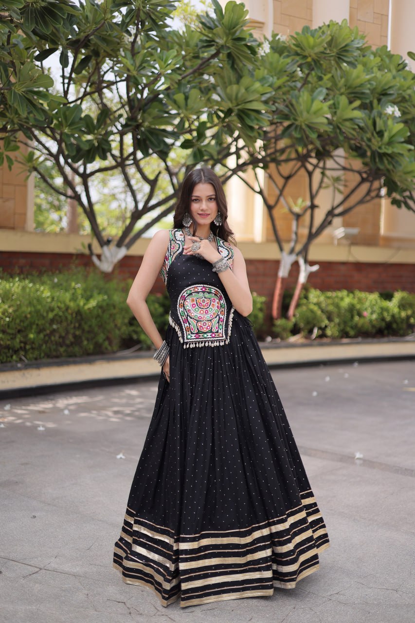 Black Rayon Lehenga Choli with Mukesh & Gamthi Mirror Work
