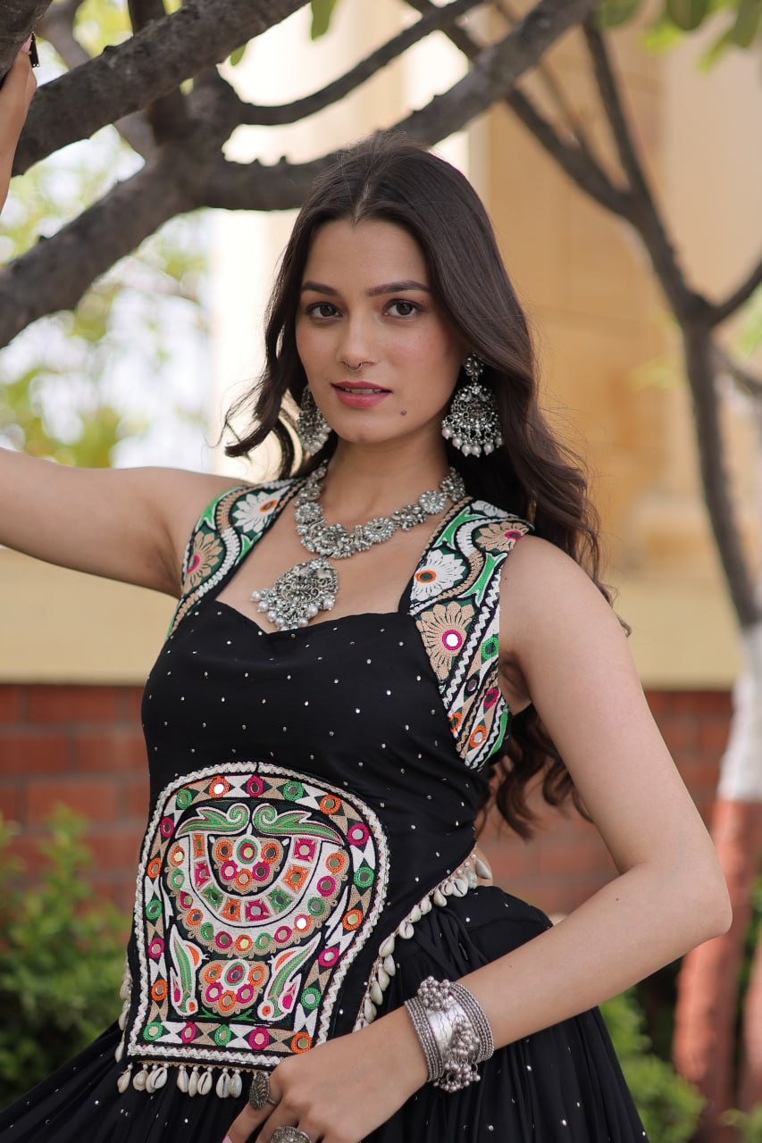 Black Rayon Lehenga Choli with Mukesh & Gamthi Mirror Work