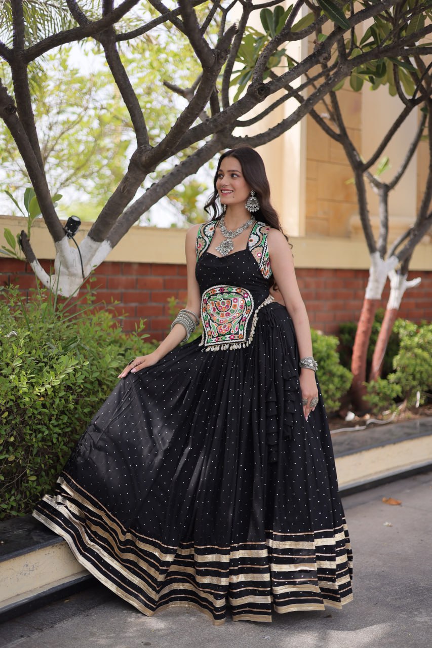 Black Rayon Lehenga Choli with Mukesh & Gamthi Mirror Work