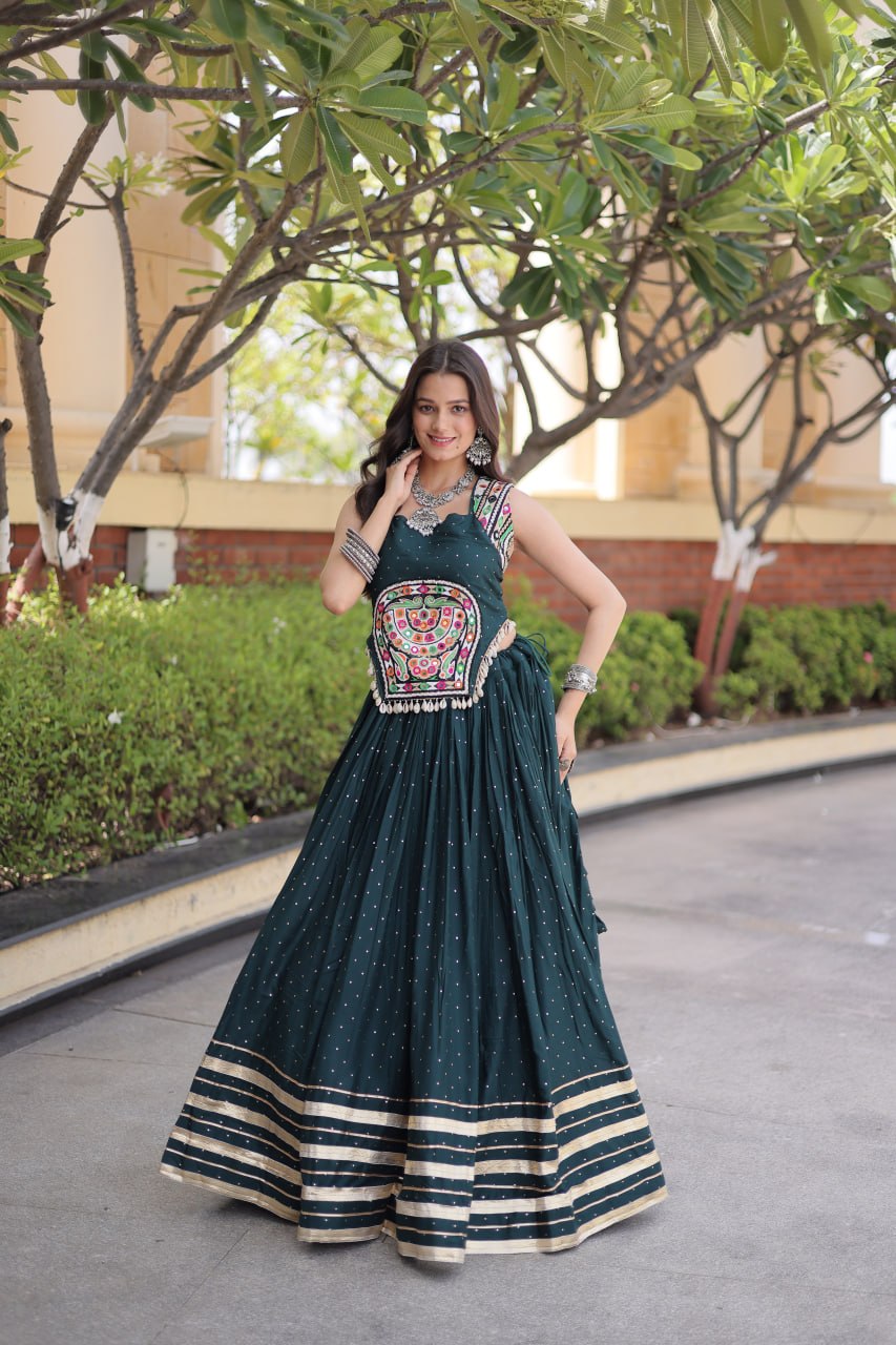 Bottle Green Rayon Lehenga Choli with Mukesh & Gamthi Mirror Work