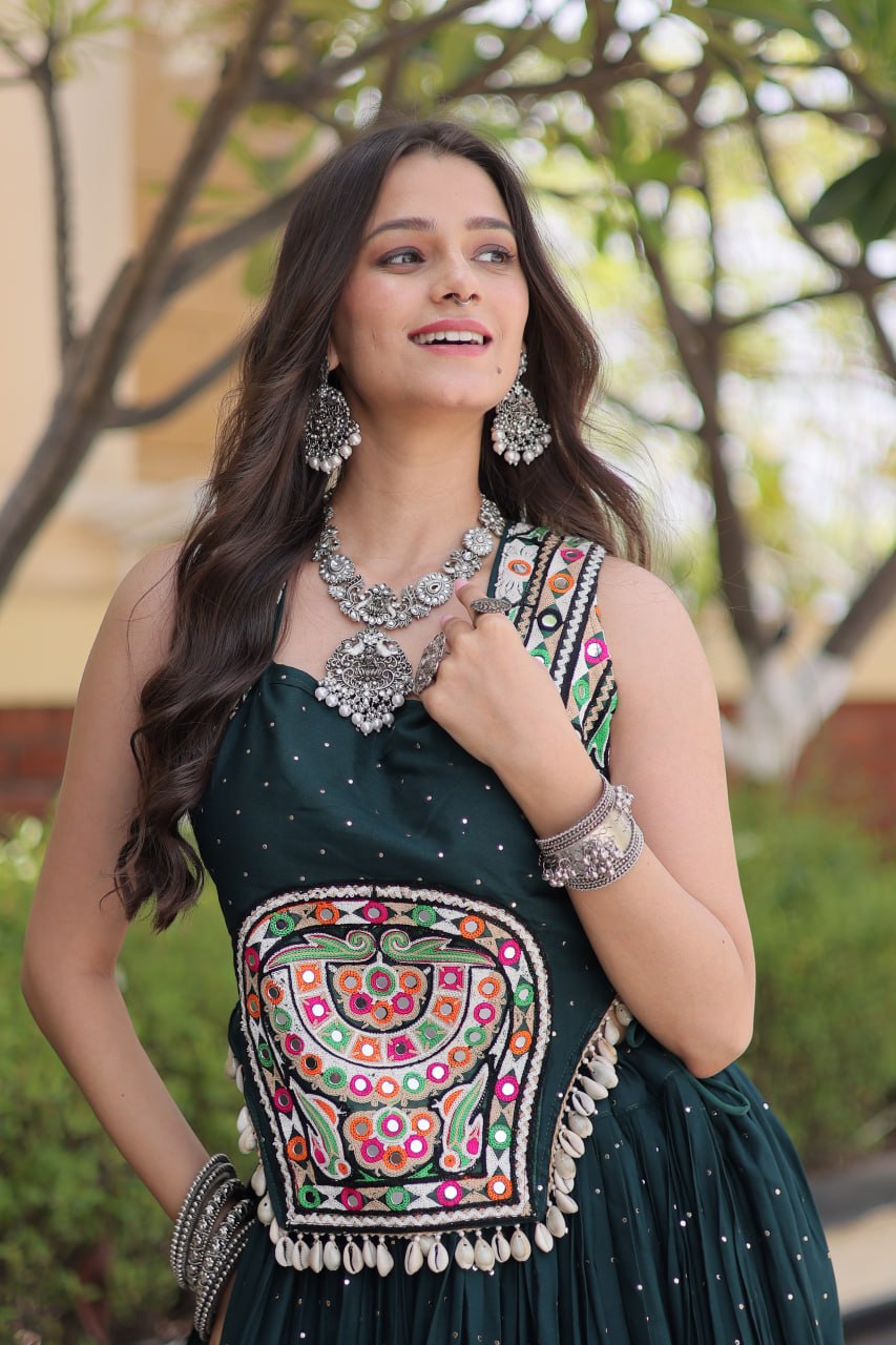Bottle Green Rayon Lehenga Choli with Mukesh & Gamthi Mirror Work