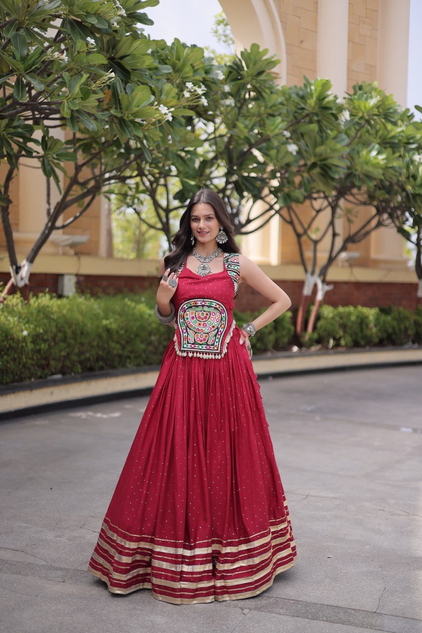Maroon Rayon Lehenga Choli with Mukesh & Gamthi Mirror Work