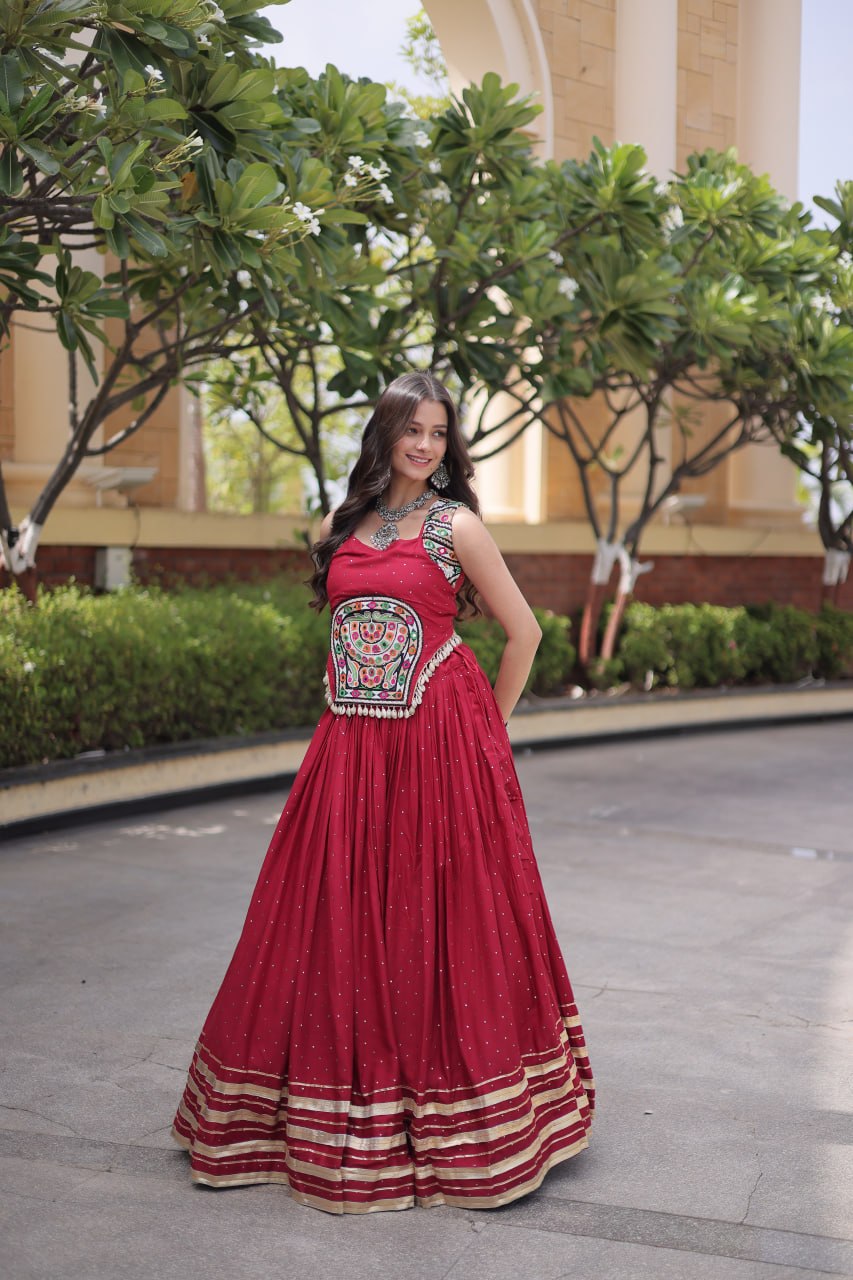 Maroon Rayon Lehenga Choli with Mukesh & Gamthi Mirror Work