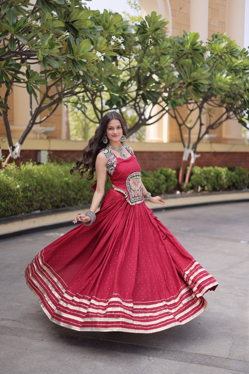 Maroon Rayon Lehenga Choli with Mukesh & Gamthi Mirror Work