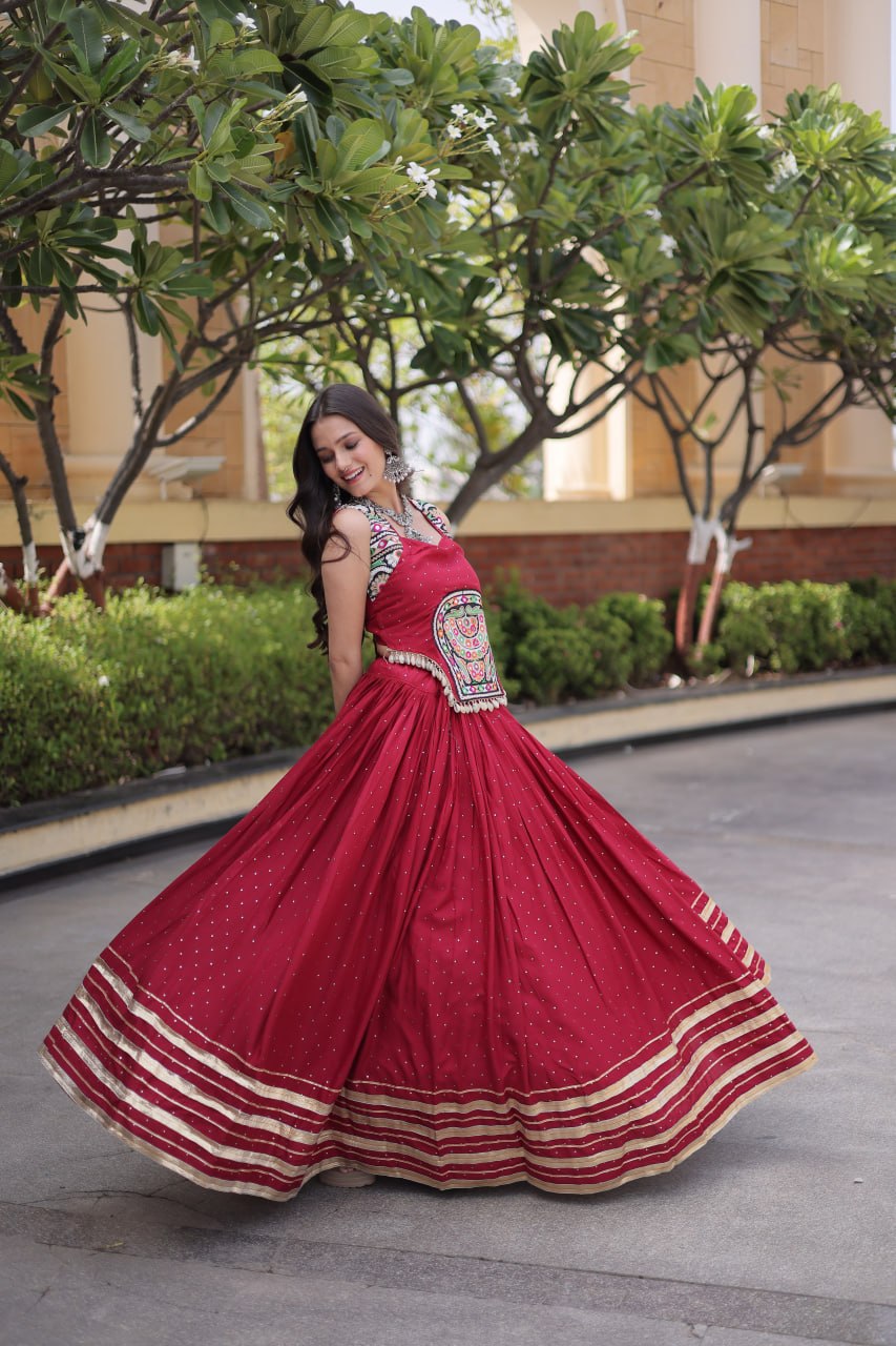 Maroon Rayon Lehenga Choli with Mukesh & Gamthi Mirror Work