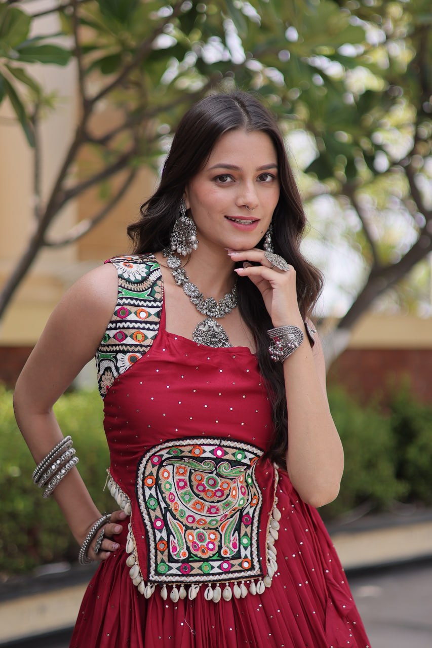 Maroon Rayon Lehenga Choli with Mukesh & Gamthi Mirror Work