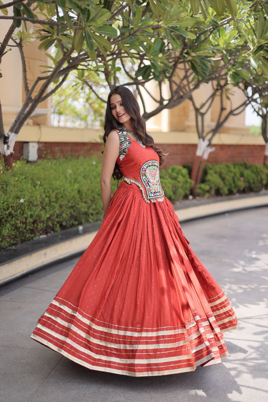 Coral Red Rayon Lehenga Choli with Mukesh & Gamthi Mirror Work