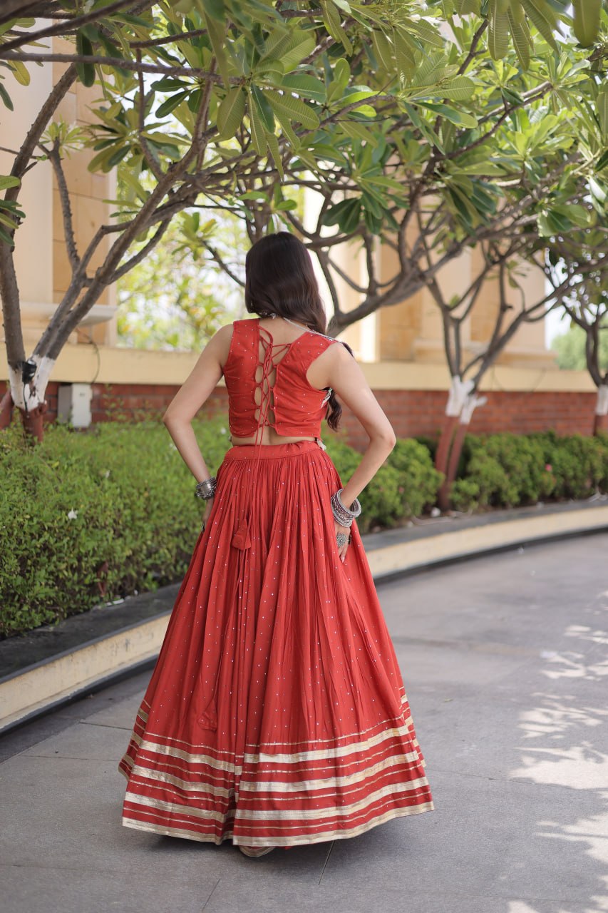 Coral Red Rayon Lehenga Choli with Mukesh & Gamthi Mirror Work