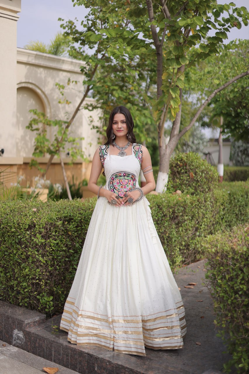 White Rayon Lehenga Choli with Mukesh & Gamthi Mirror Work