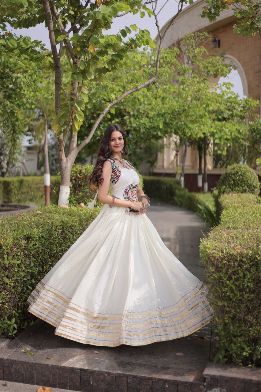 White Rayon Lehenga Choli with Mukesh & Gamthi Mirror Work