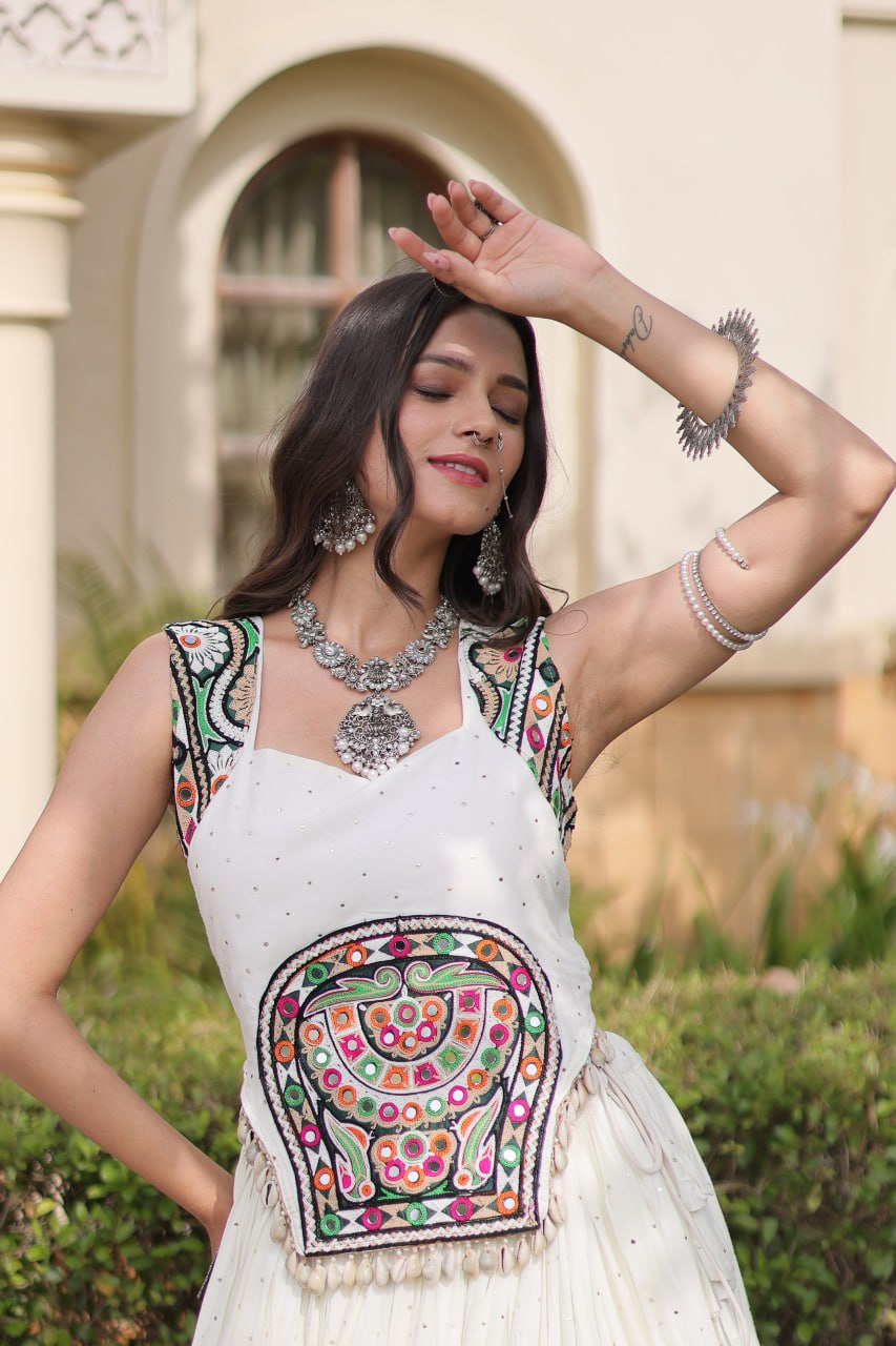 White Rayon Lehenga Choli with Mukesh & Gamthi Mirror Work