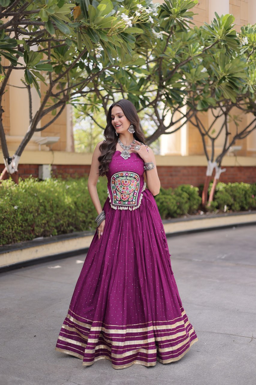 Wine Magenta Rayon Lehenga Choli with Mukesh & Gamthi Mirror Work