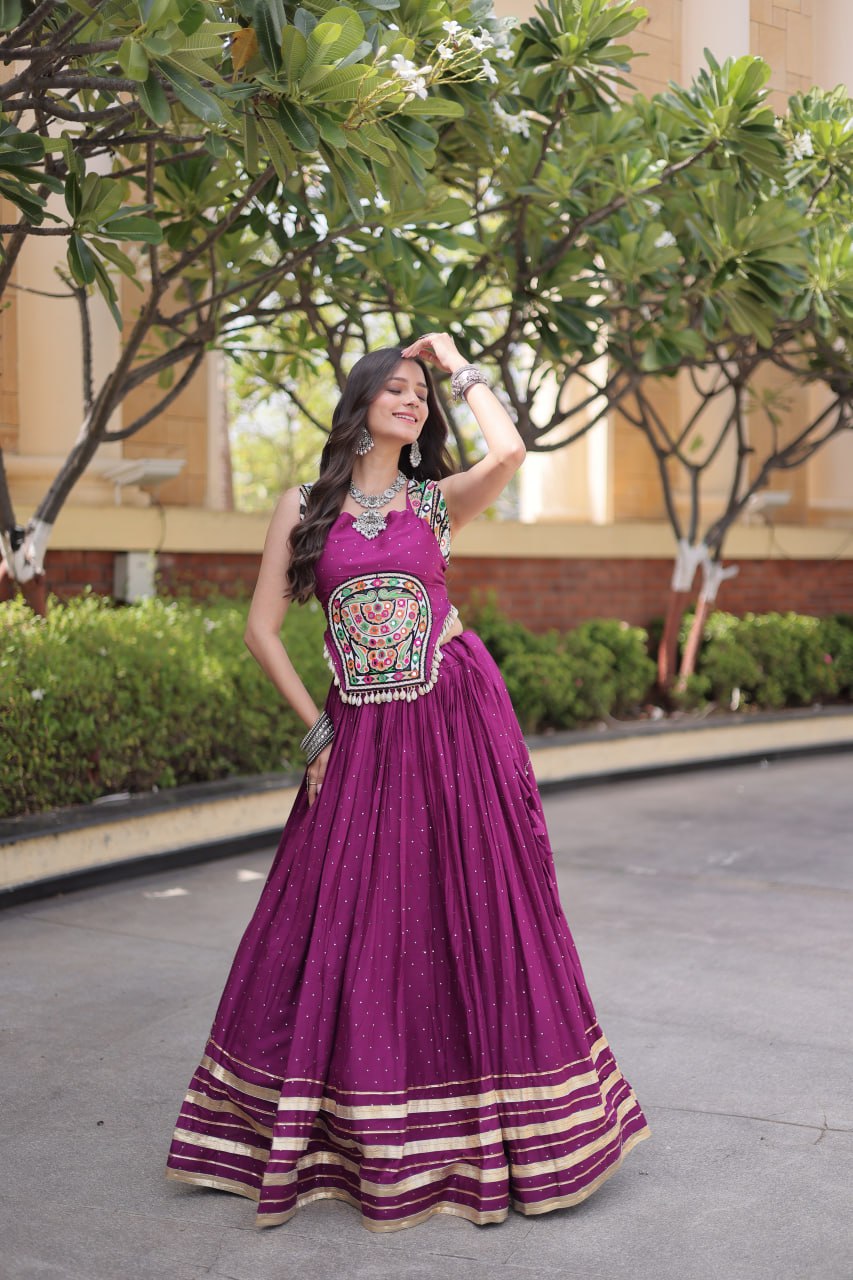 Wine Magenta Rayon Lehenga Choli with Mukesh & Gamthi Mirror Work