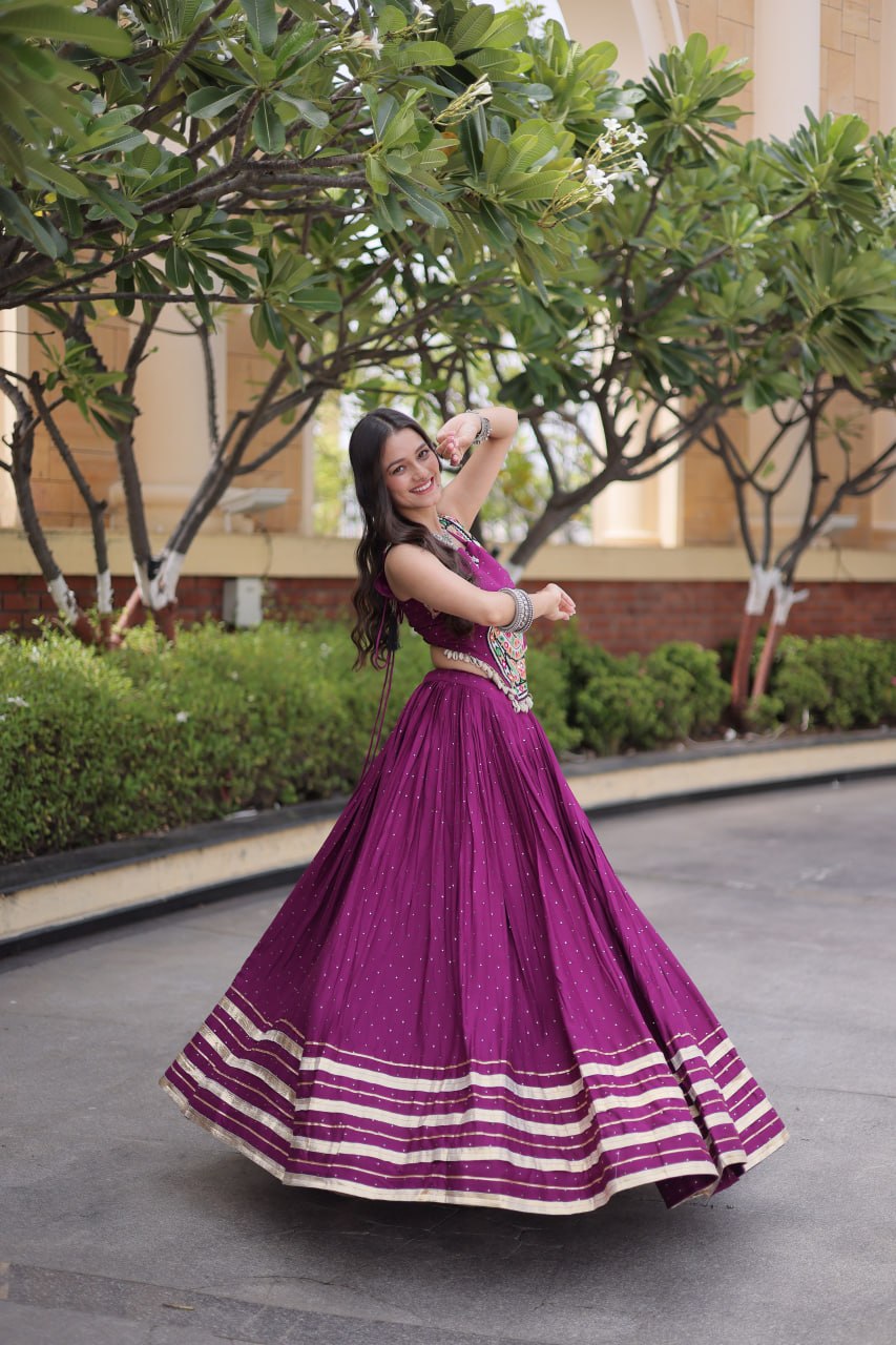 Wine Magenta Rayon Lehenga Choli with Mukesh & Gamthi Mirror Work