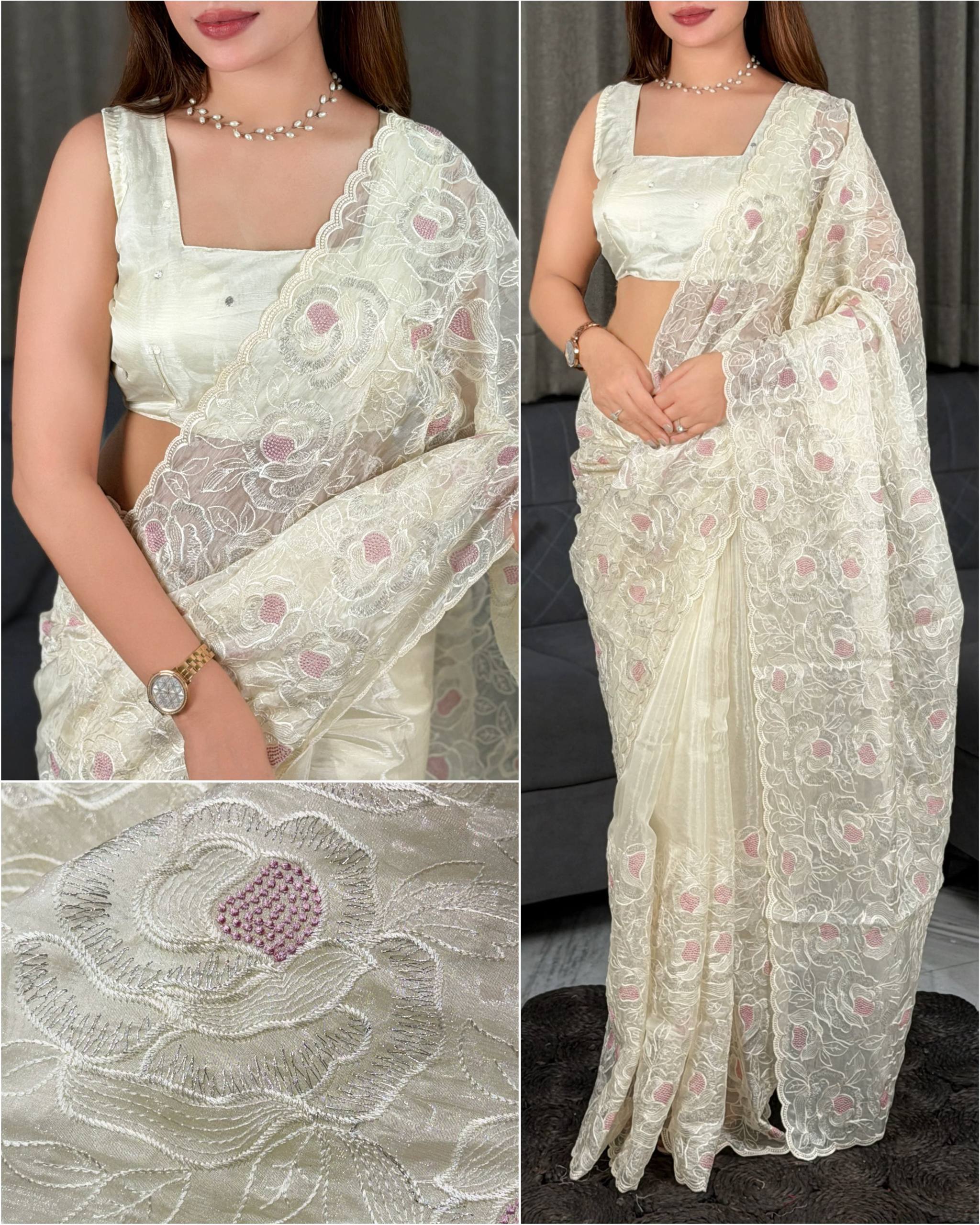 Ivory Beige Chanda Silk Saree with Turkish Embroidery & Sequins