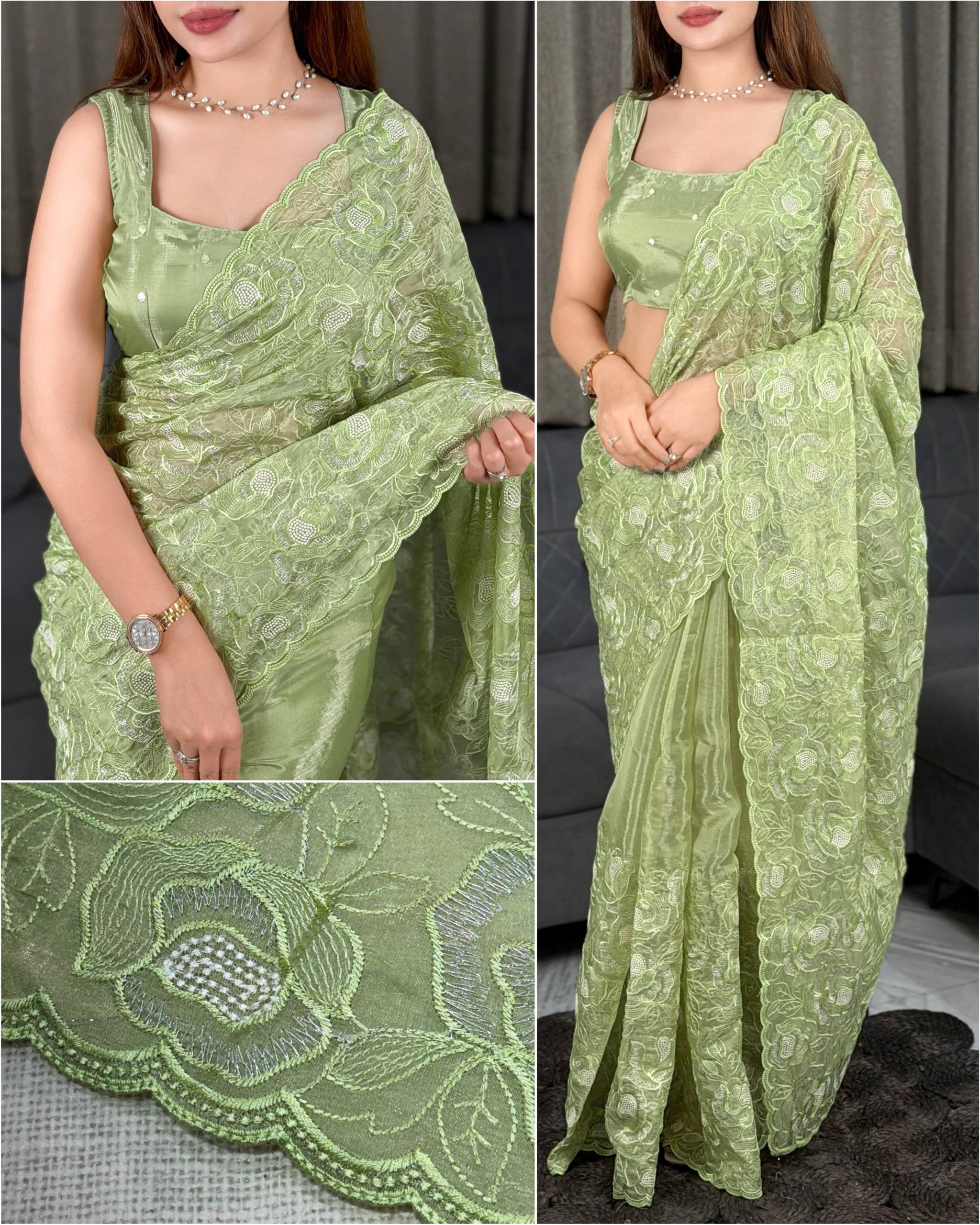 Pistachio Green Chanda Silk Saree with Turkish Floral Embroidery & Sequins