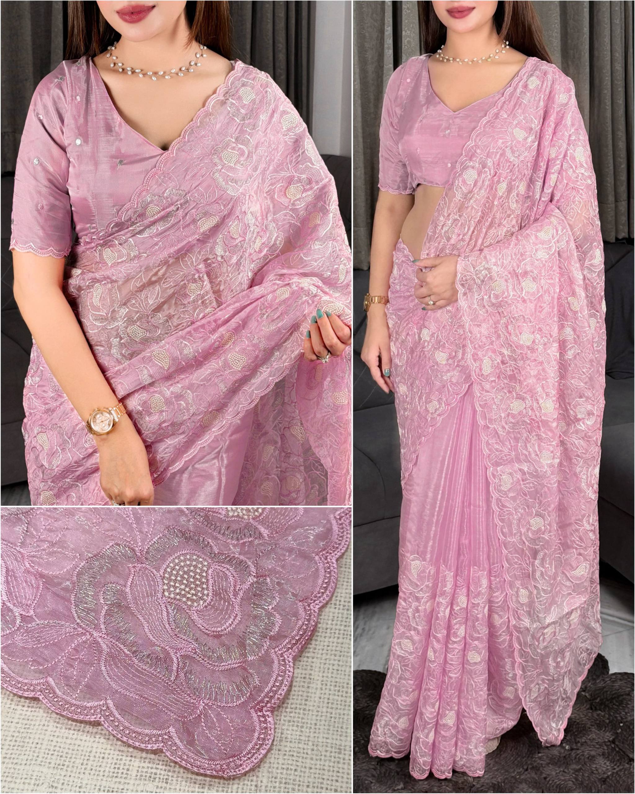 Blush Pink Chanda Silk Saree with Turkish Floral Embroidery & Sequins