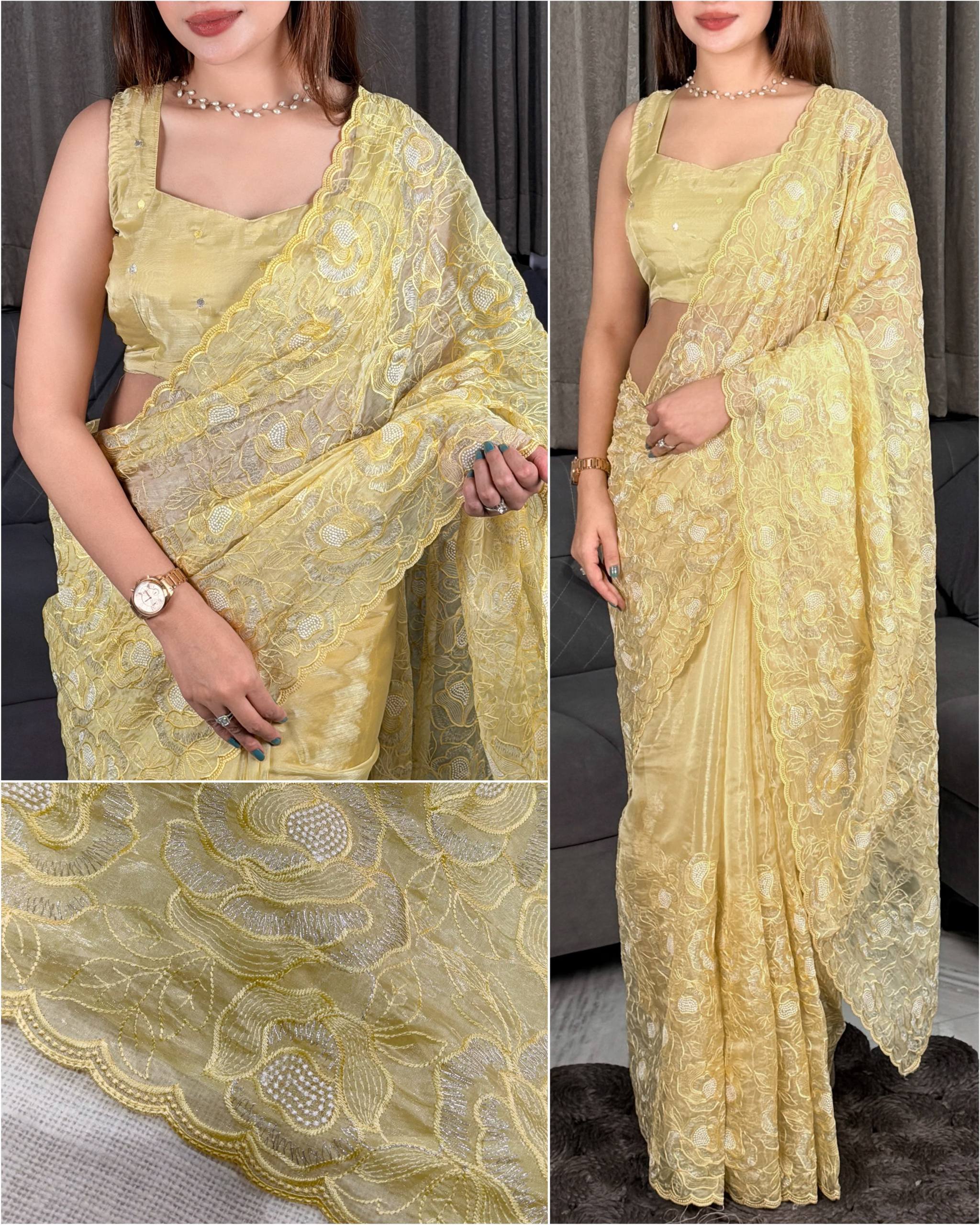 Pastel Yellow Chanda Silk Saree with Turkish Floral Embroidery & Sequins