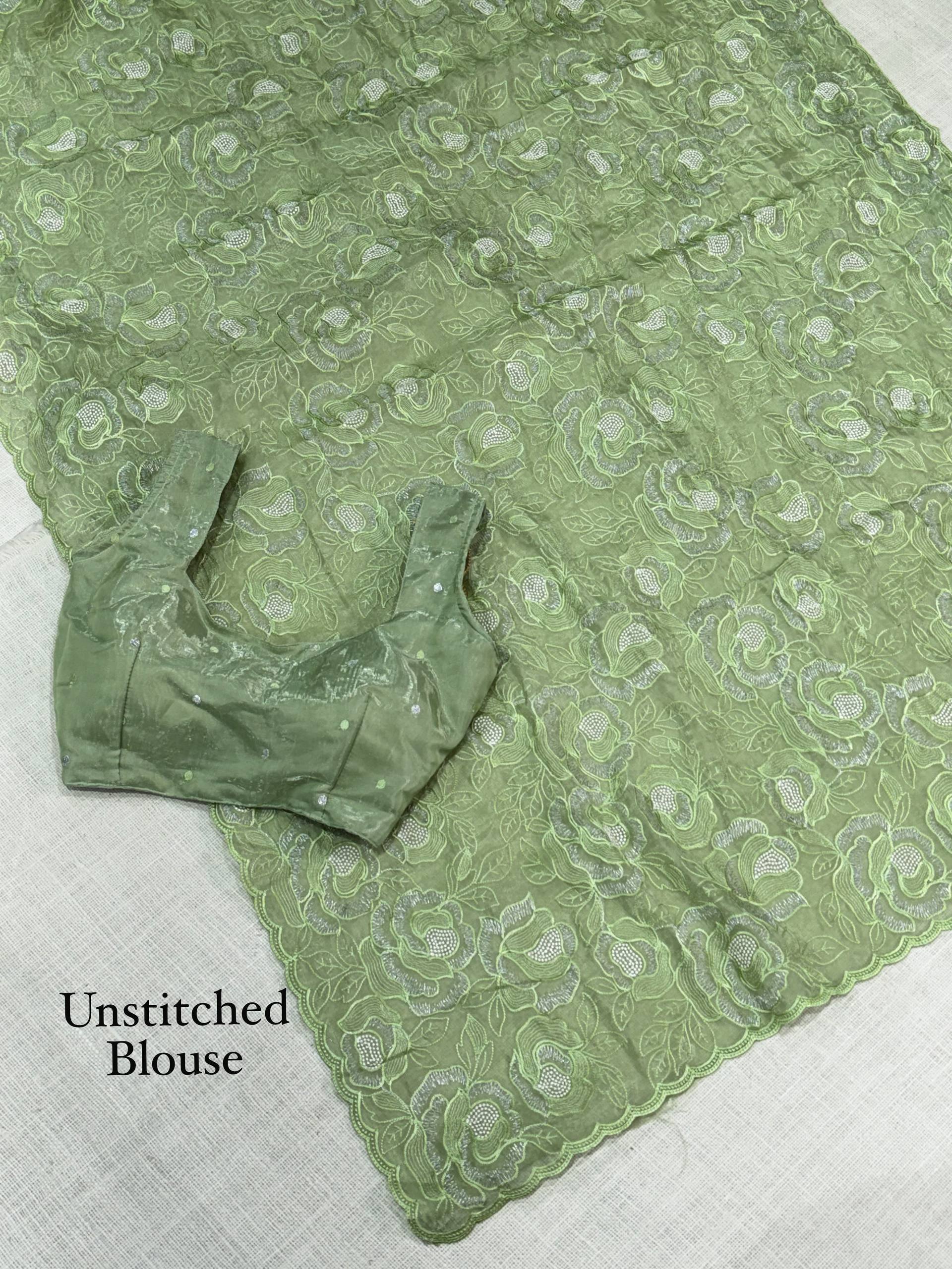 Pistachio Green Chanda Silk Saree with Turkish Floral Embroidery & Sequins