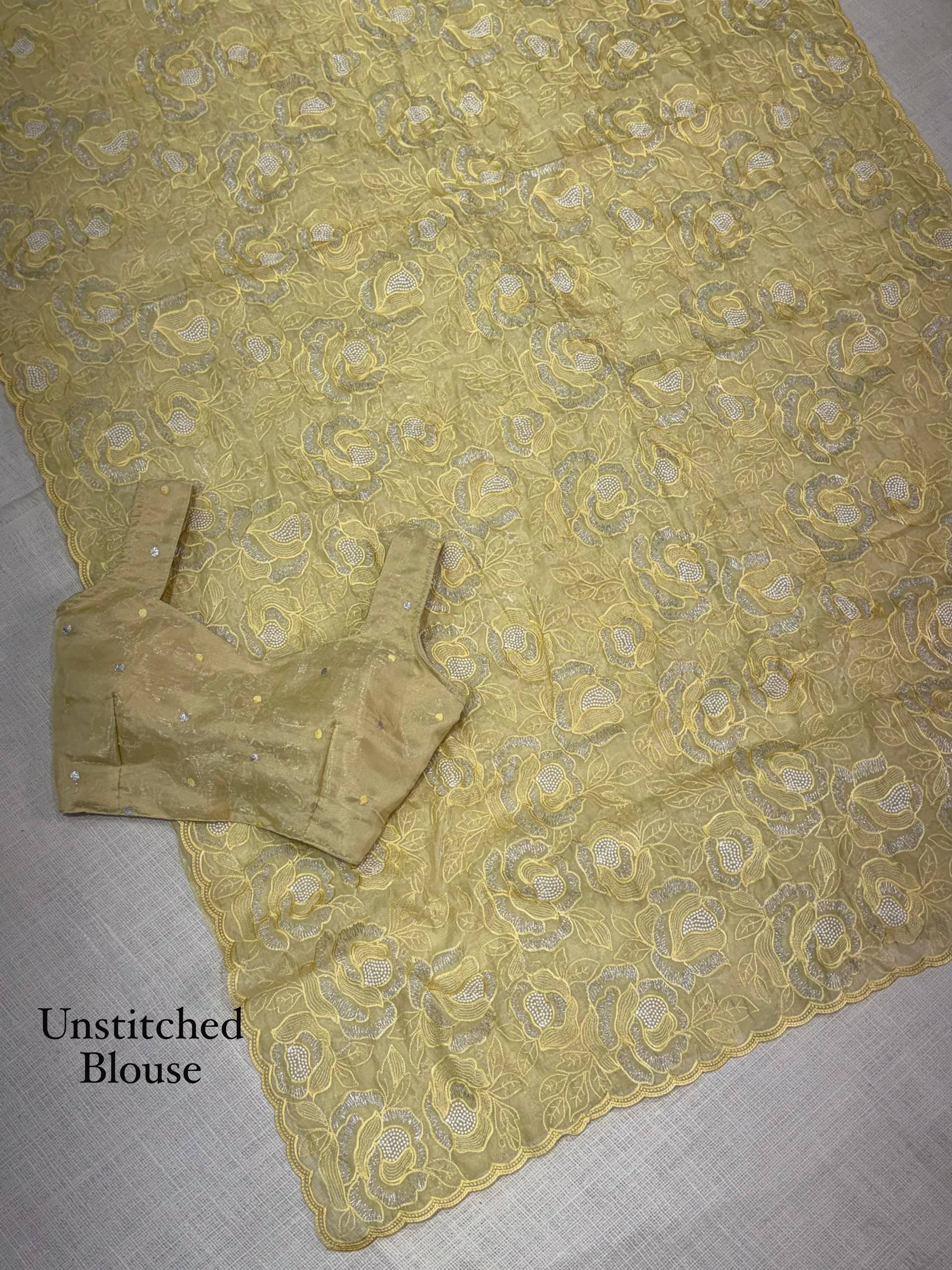 Pastel Yellow Chanda Silk Saree with Turkish Floral Embroidery & Sequins