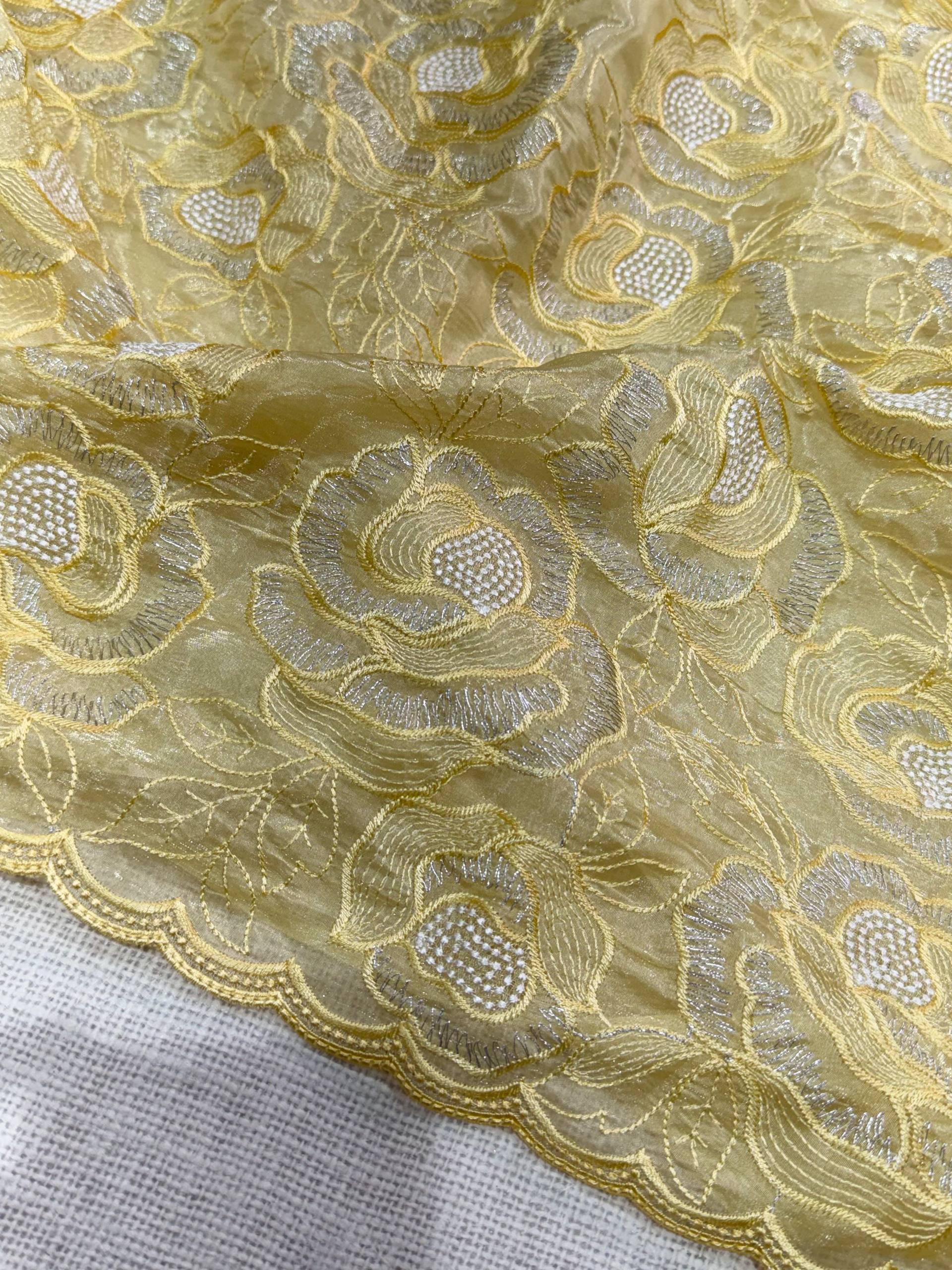 Pastel Yellow Chanda Silk Saree with Turkish Floral Embroidery & Sequins