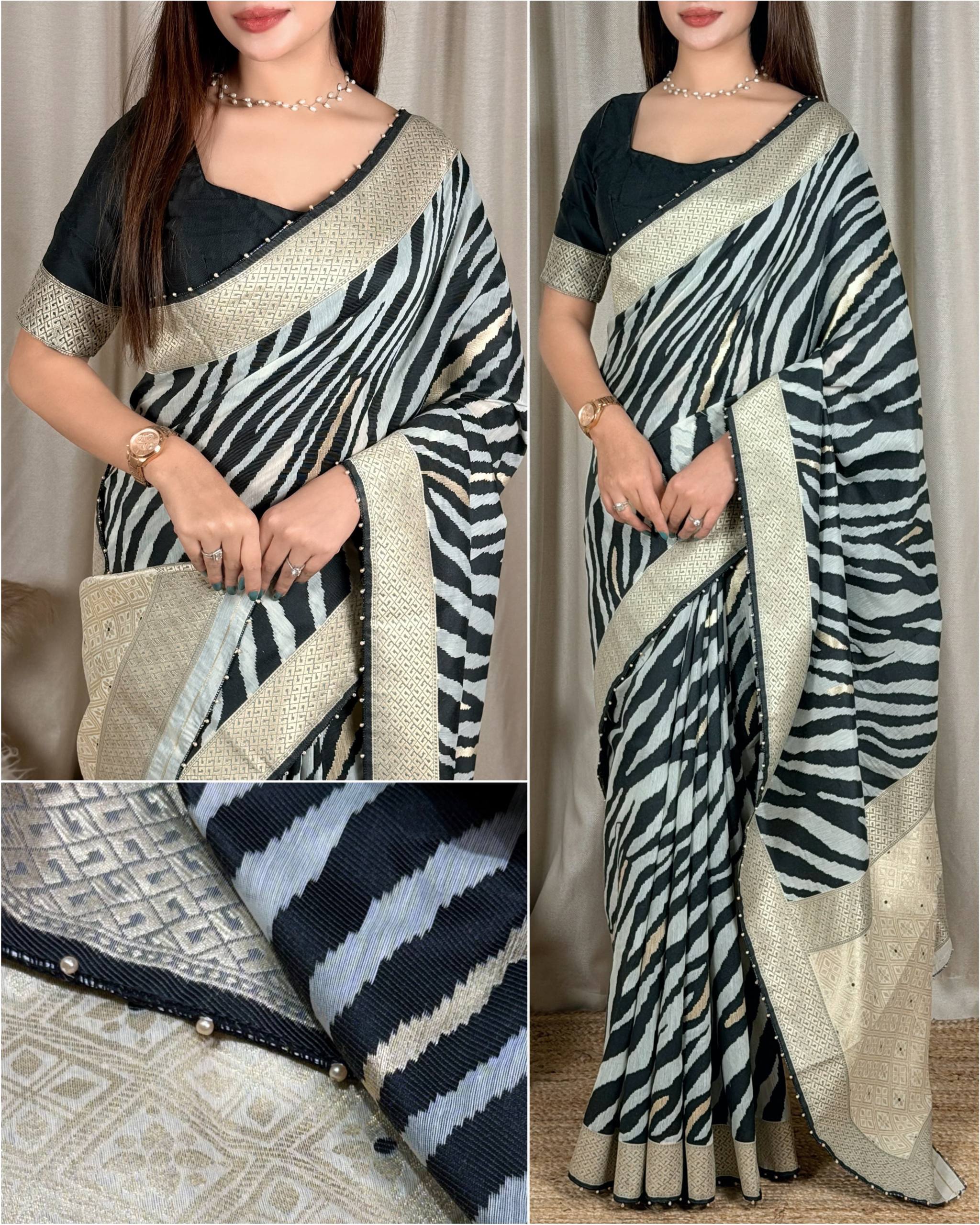 Black & White Turkish Zebra Saree with Zari & Thread Weaving and Pearl Border