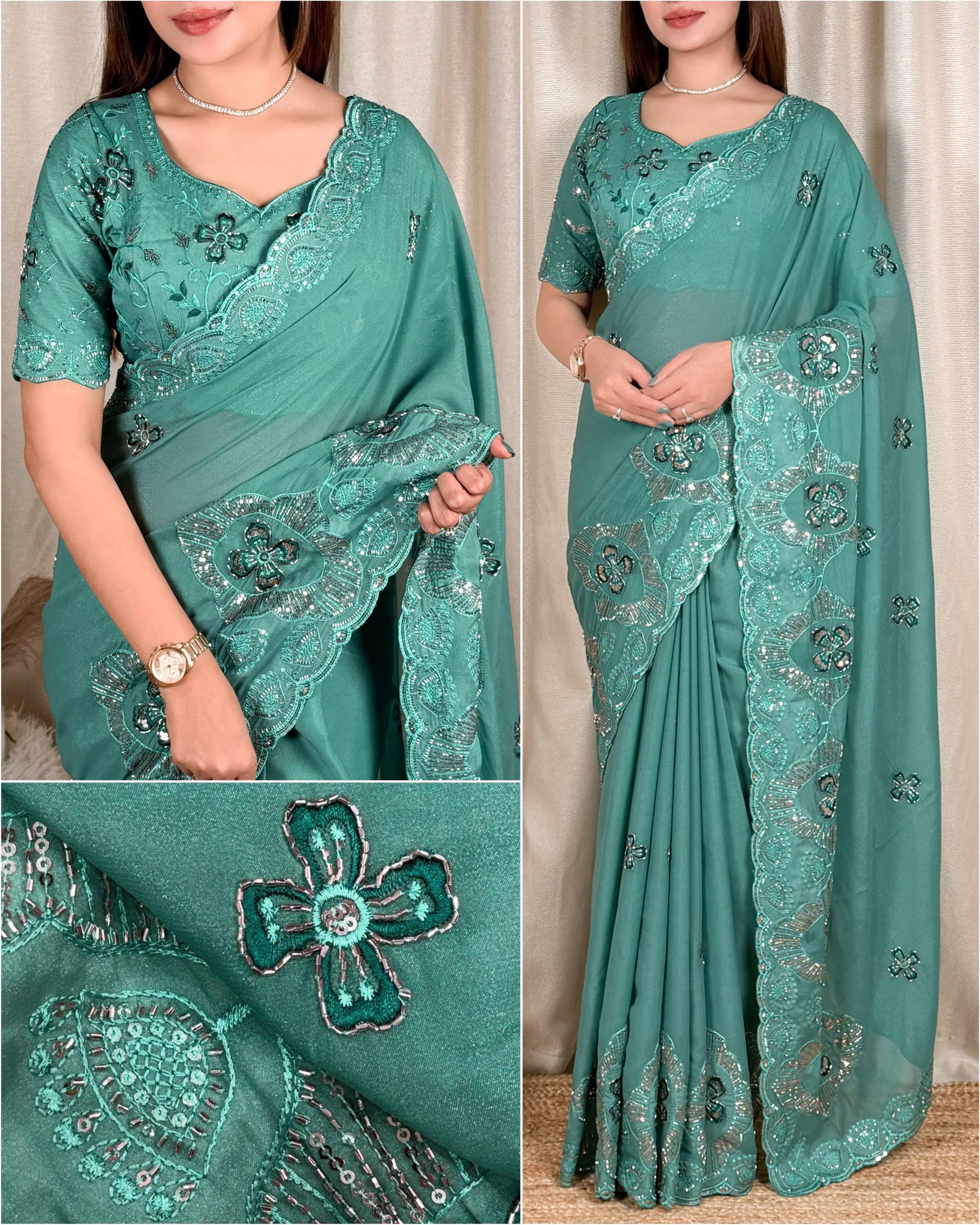 Sea Green Star Georgette Saree with Sequins & Beads Embroidery