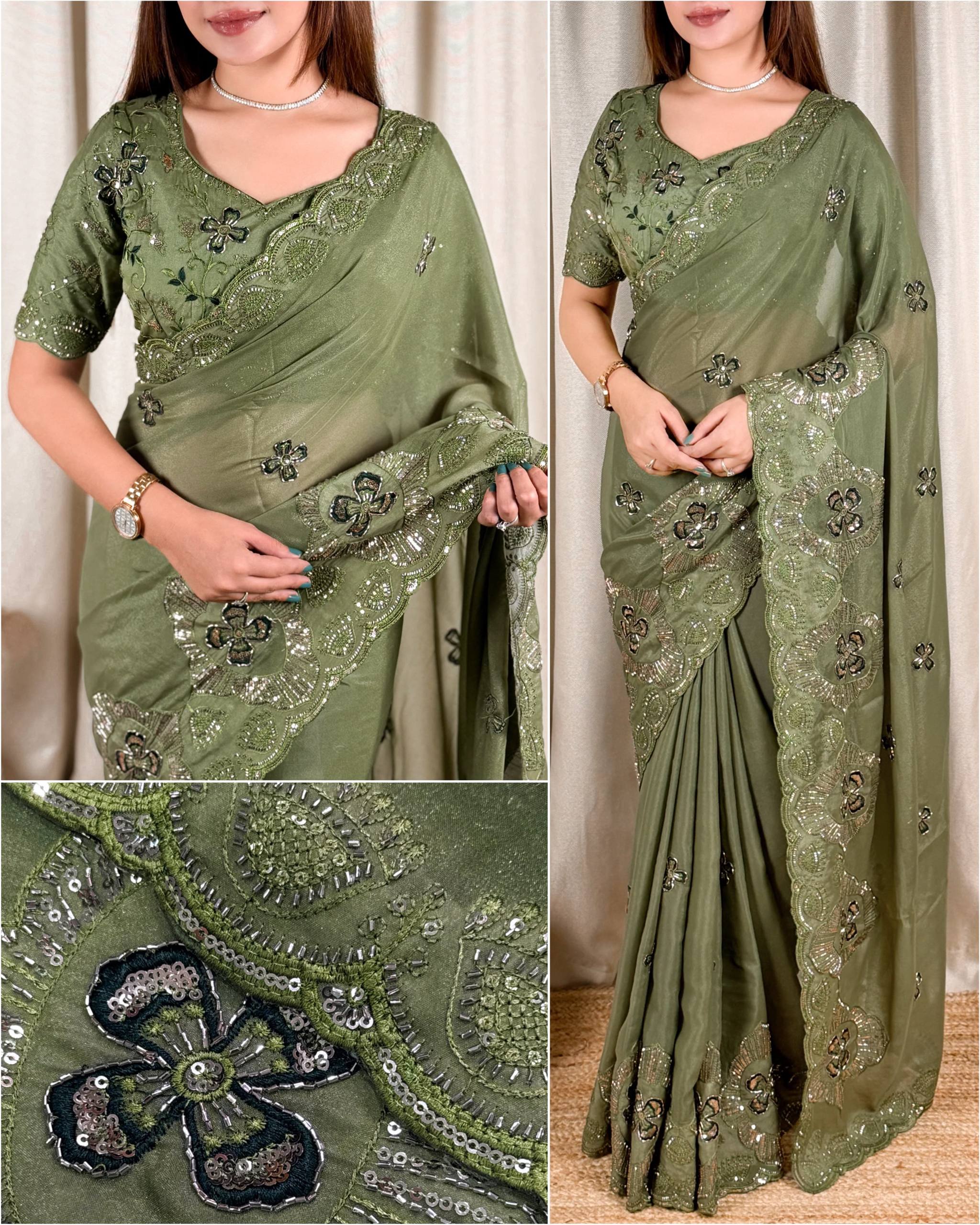 Olive Green Star Georgette Saree with Sequins & Beads Embroidery