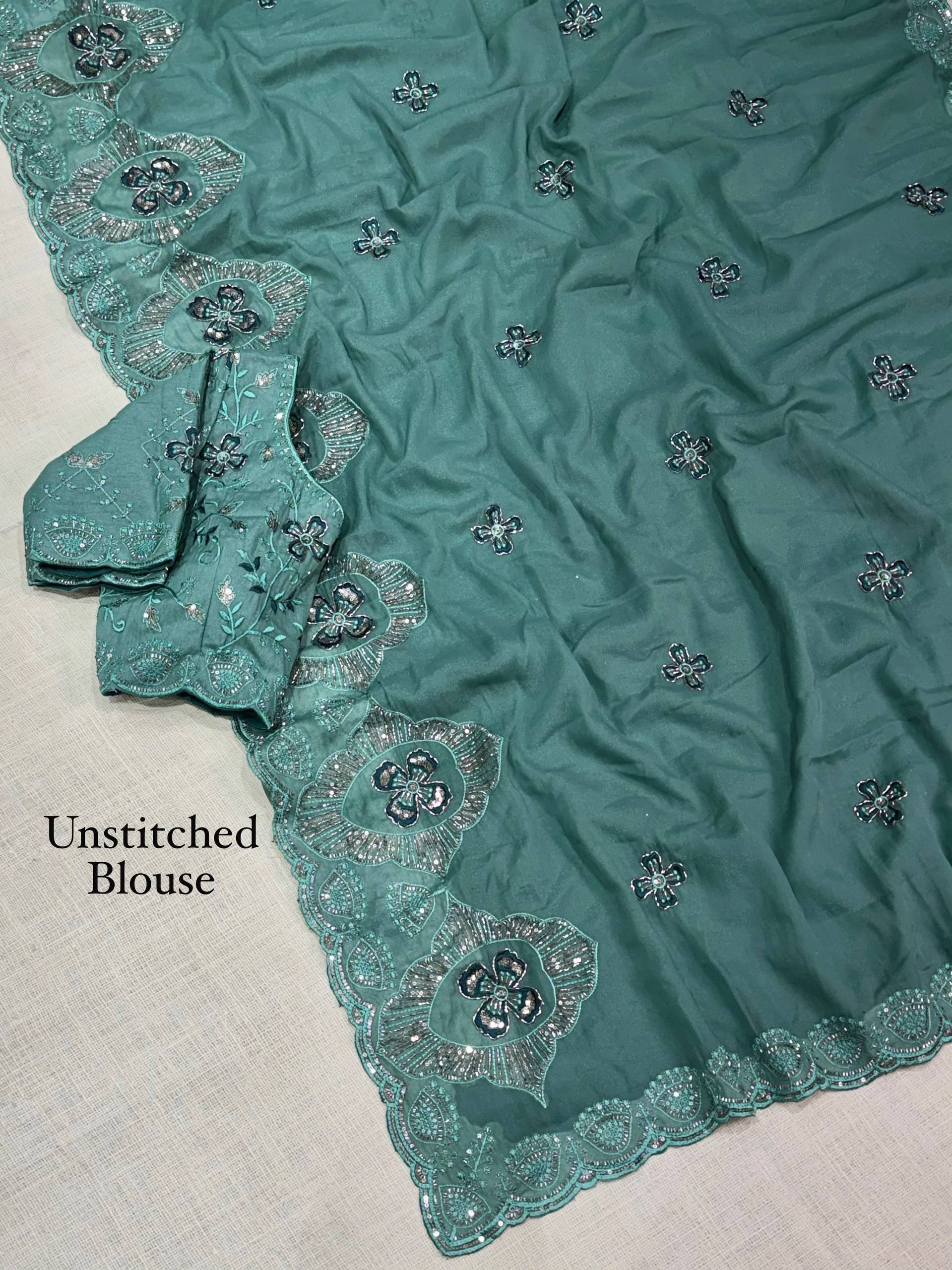 Sea Green Star Georgette Saree with Sequins & Beads Embroidery