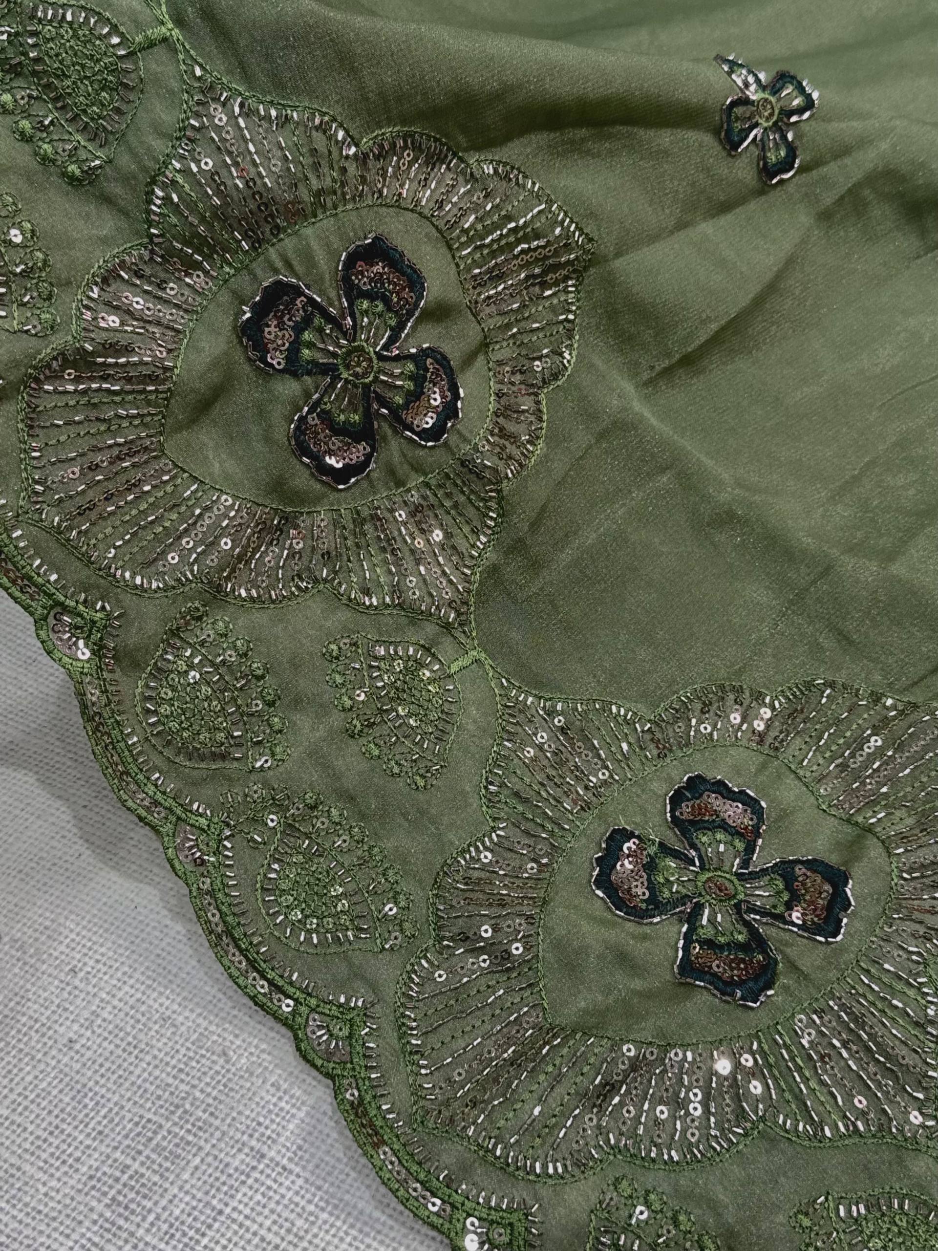 Olive Green Star Georgette Saree with Sequins & Beads Embroidery