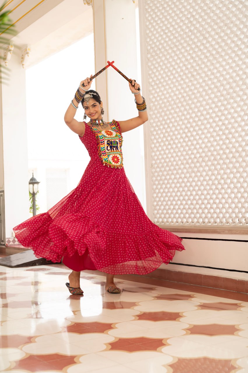 Maroon Bandhani Gujarati Patchwork Navratri Gown